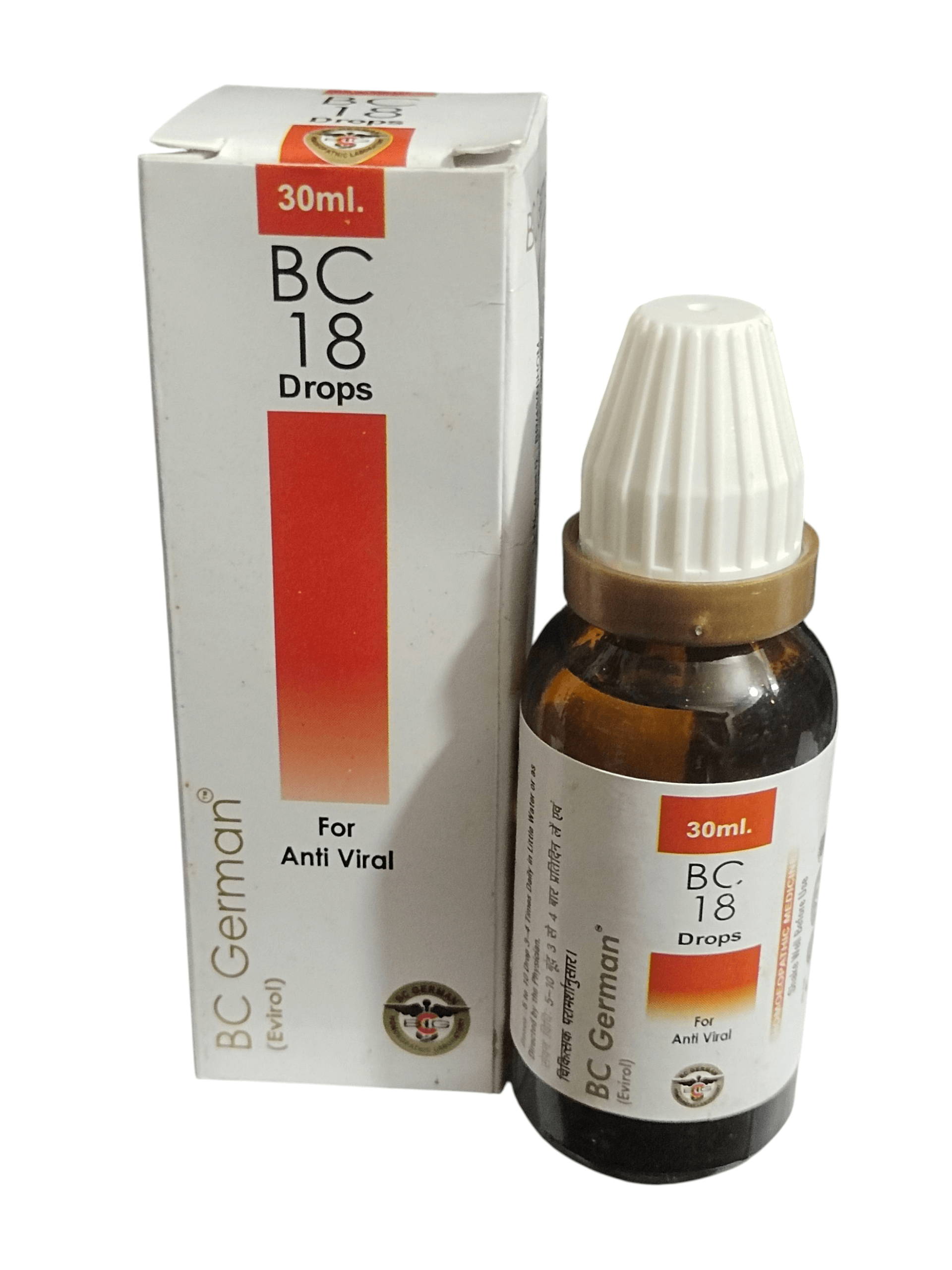 BC 18 Drops bottle and packaging on a white background