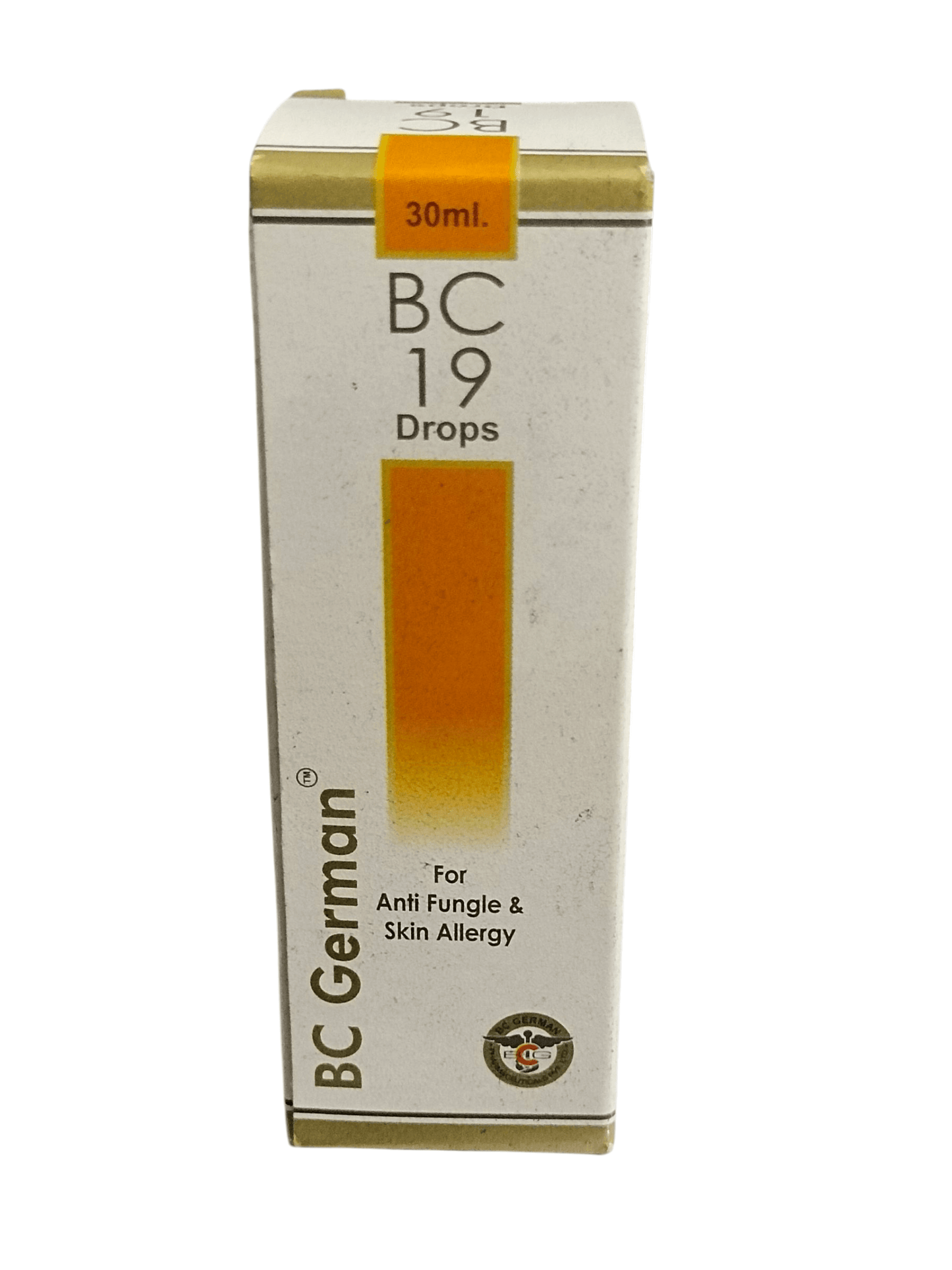 Box of BC German BC 19 Drops for anti-fungal and skin allergy on a white background