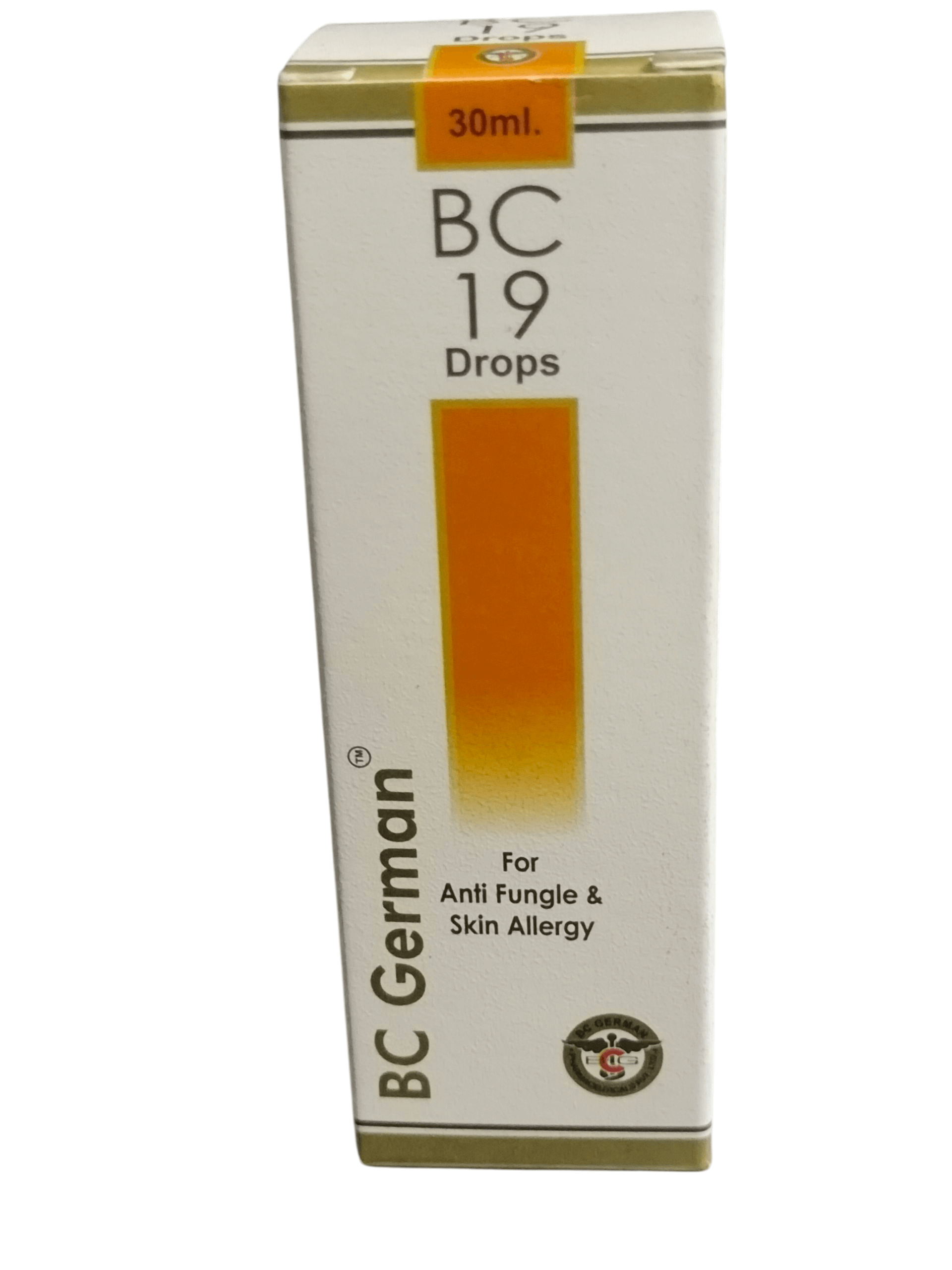 Box of BC German BC 19 Drops for anti-fungal and skin allergy on a white background