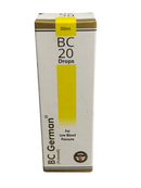 Box of BC 20 Drops with yellow label on a white background