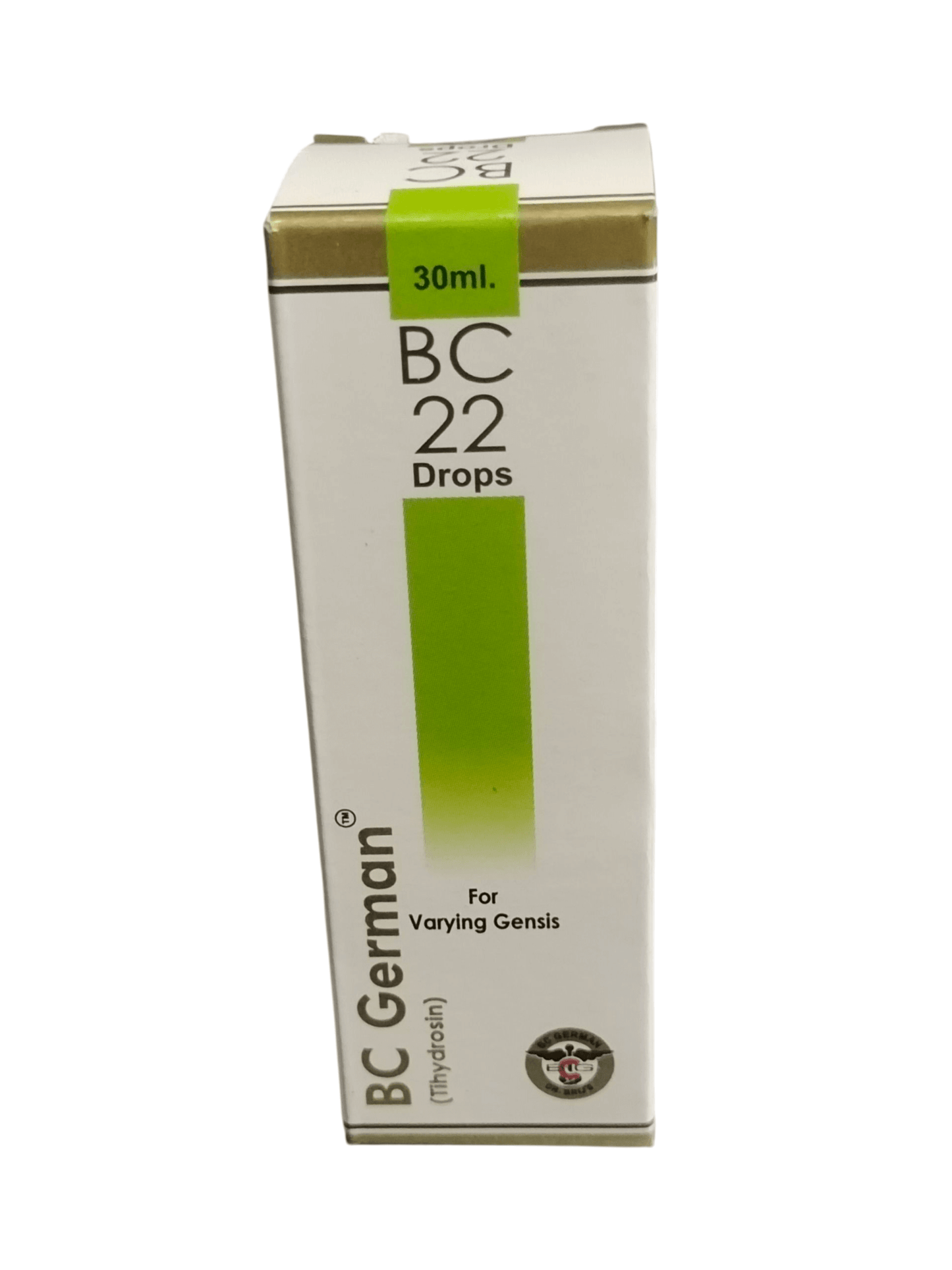Box of BC 22 Drops with green label on a white background