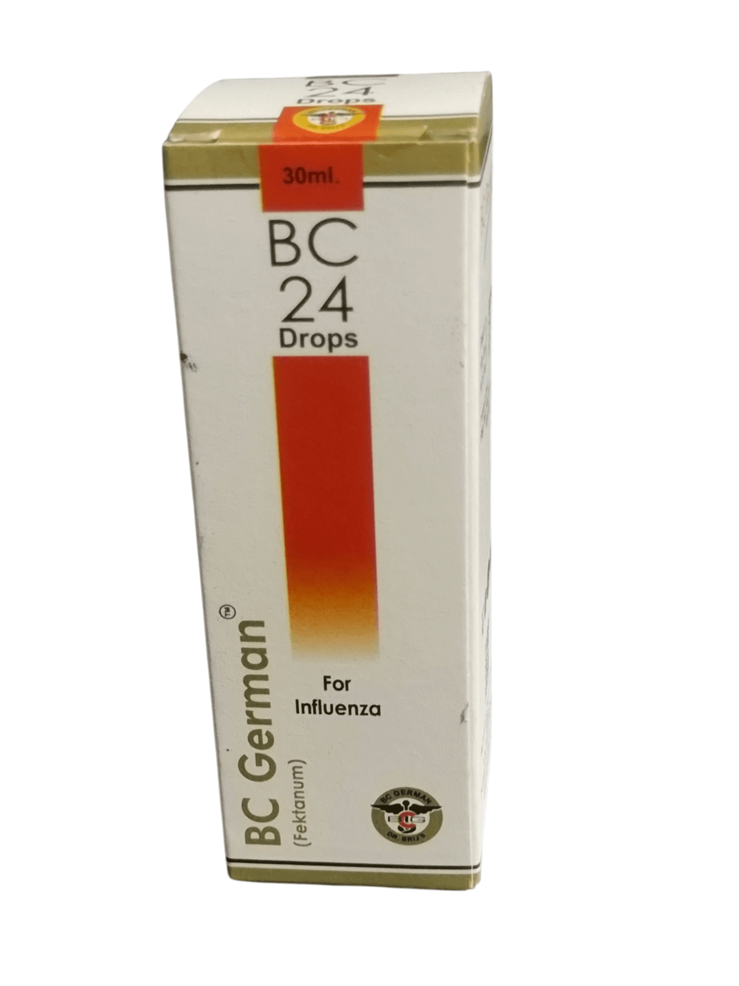 Box of BC German BC 24 Drops for influenza on a white background