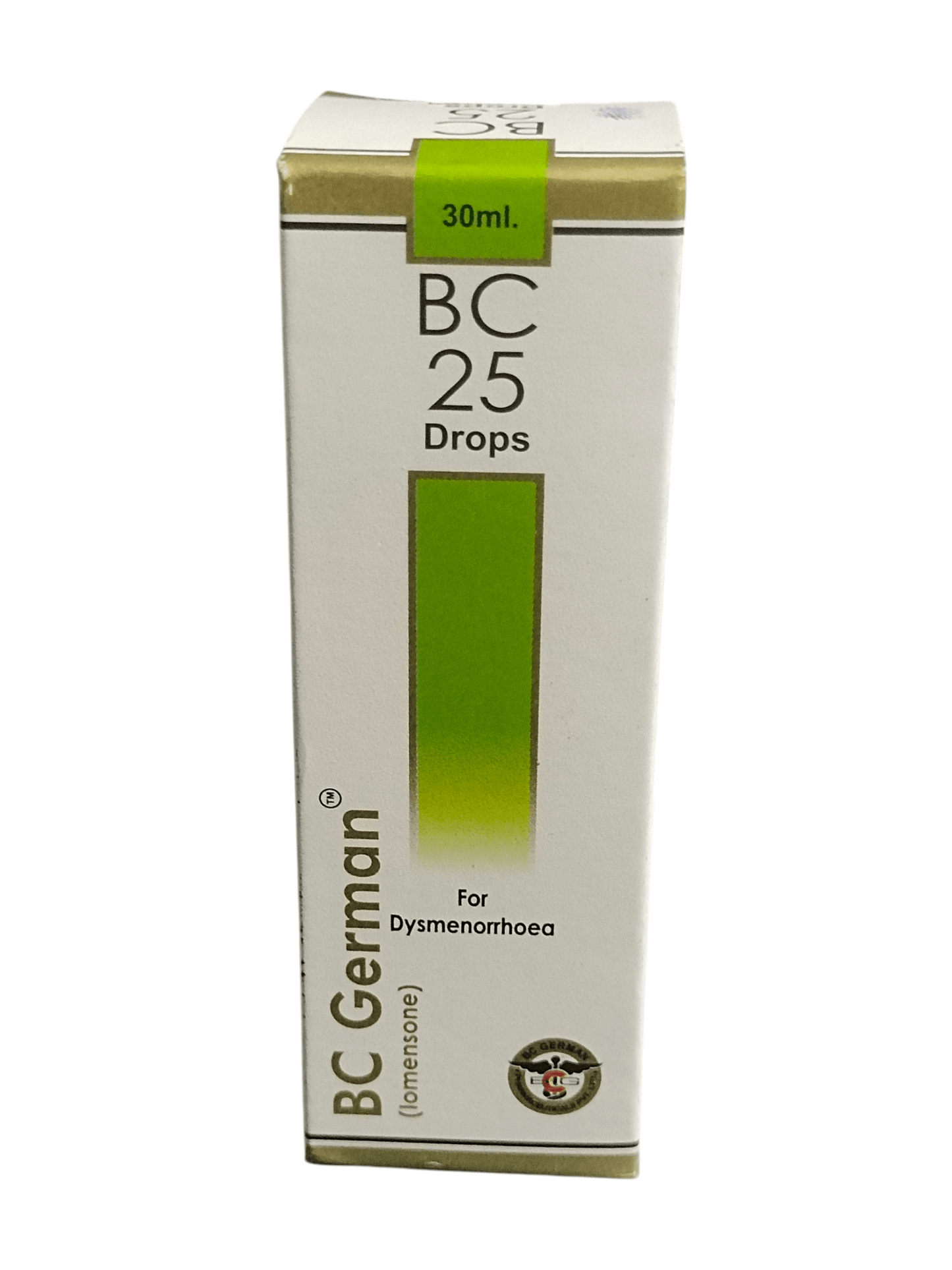 Box of BC German BC 25 Drops for Dysmenorrhoea on a white background