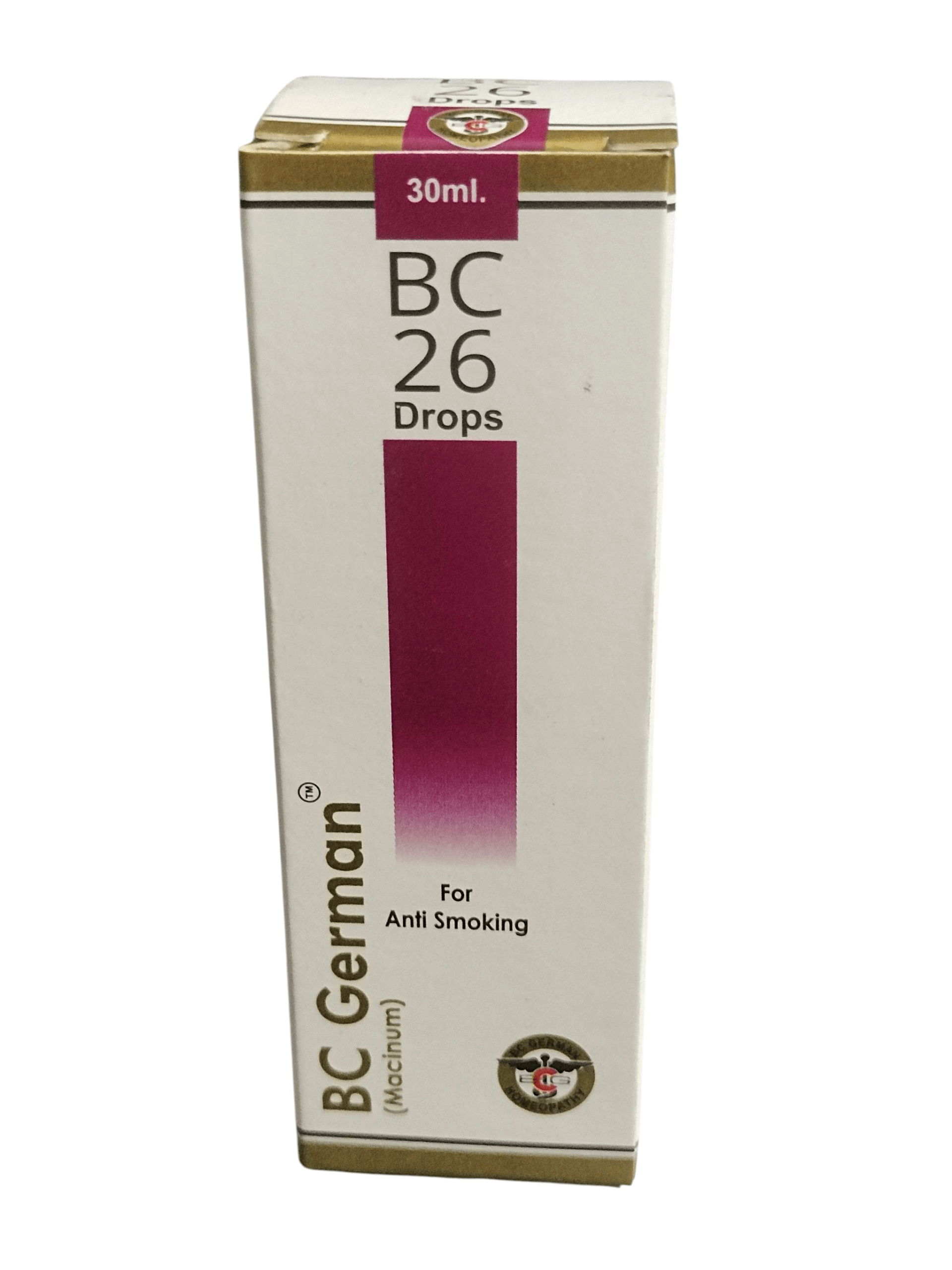 Box of BC German BC 26 Drops for anti-smoking on a white background