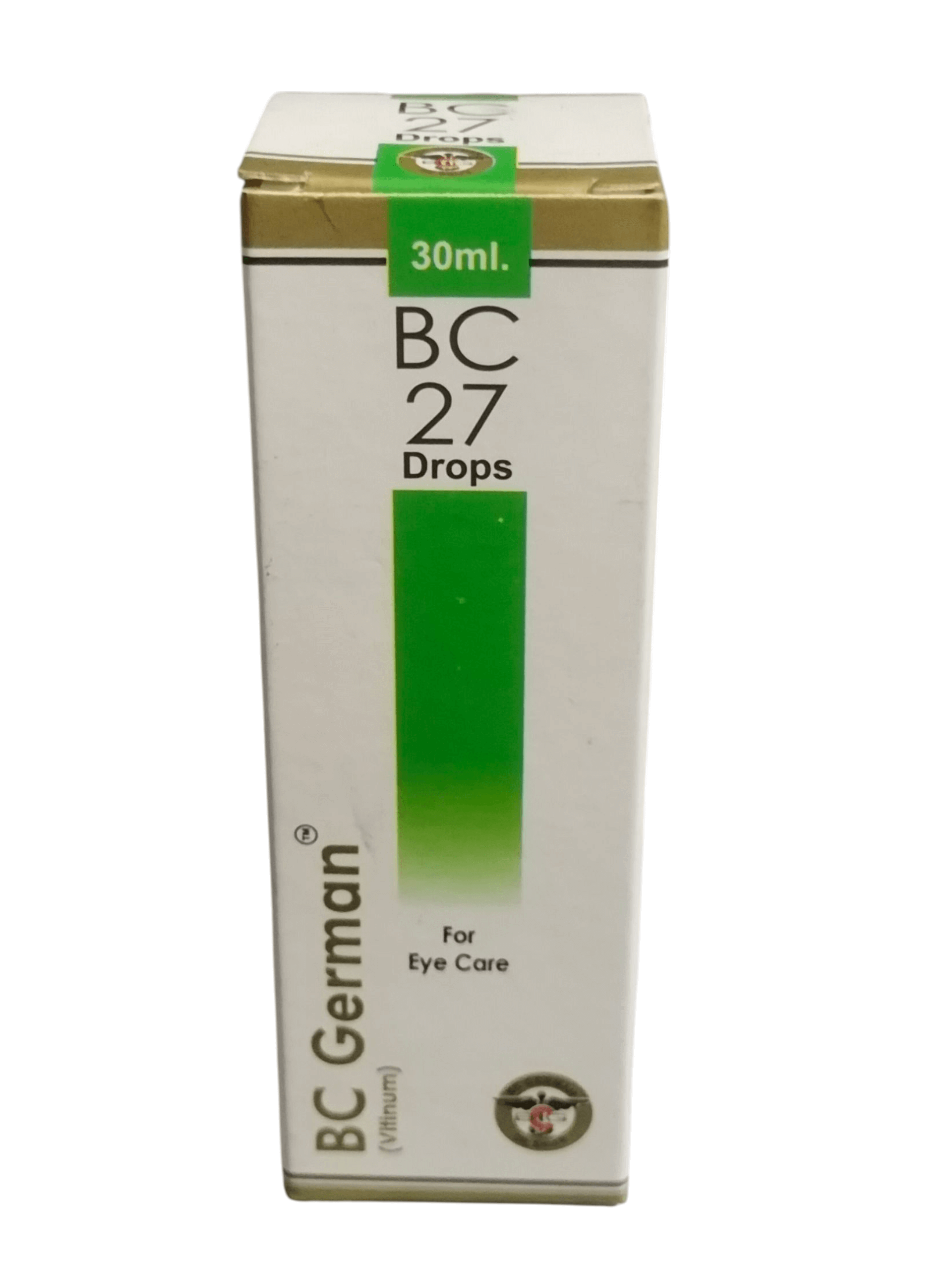 Box of BC German BC 27 Drops for eye care on a white background