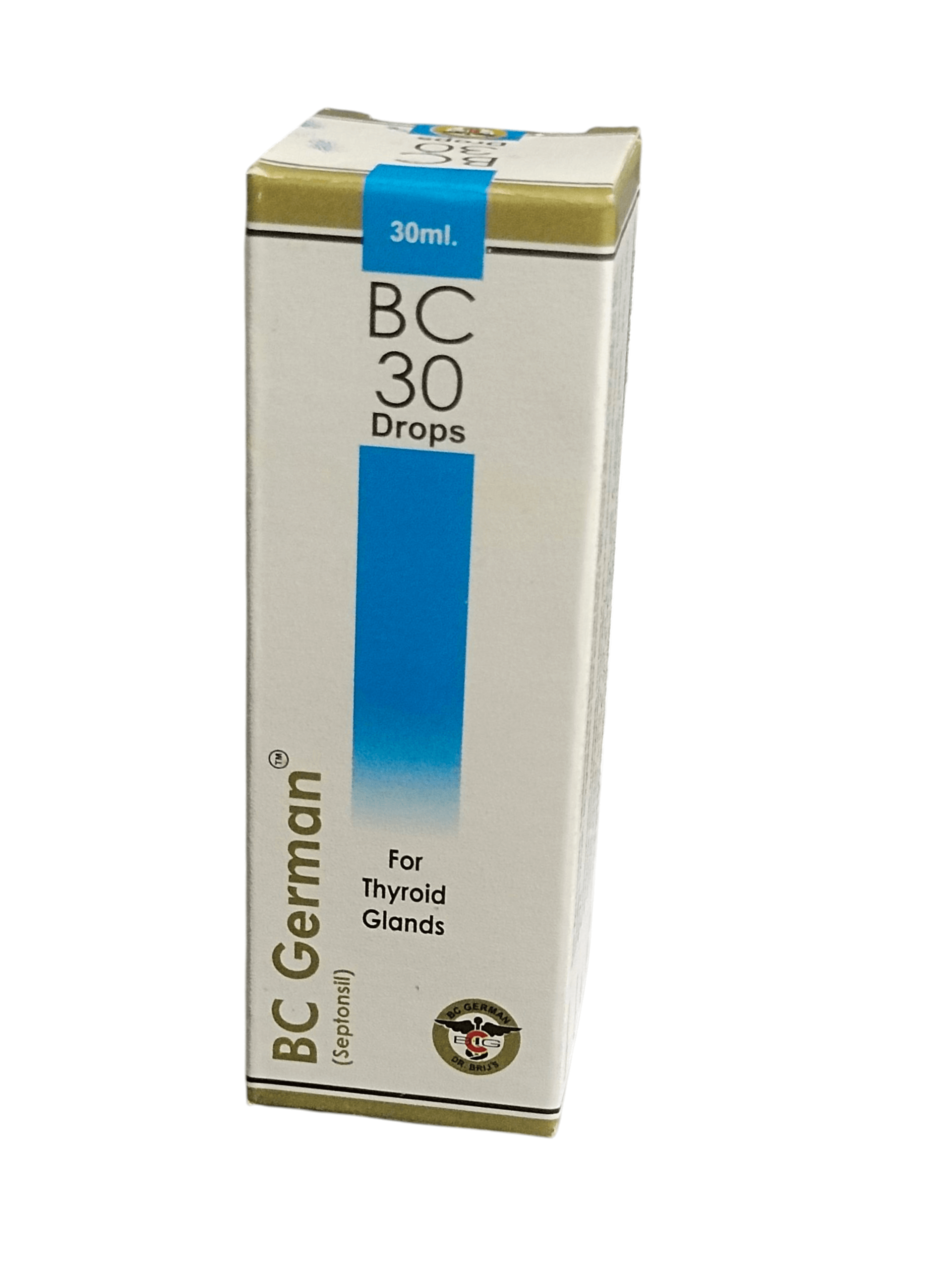 Box of BC German BC 30 Drops for Thyroid Glands on a white background