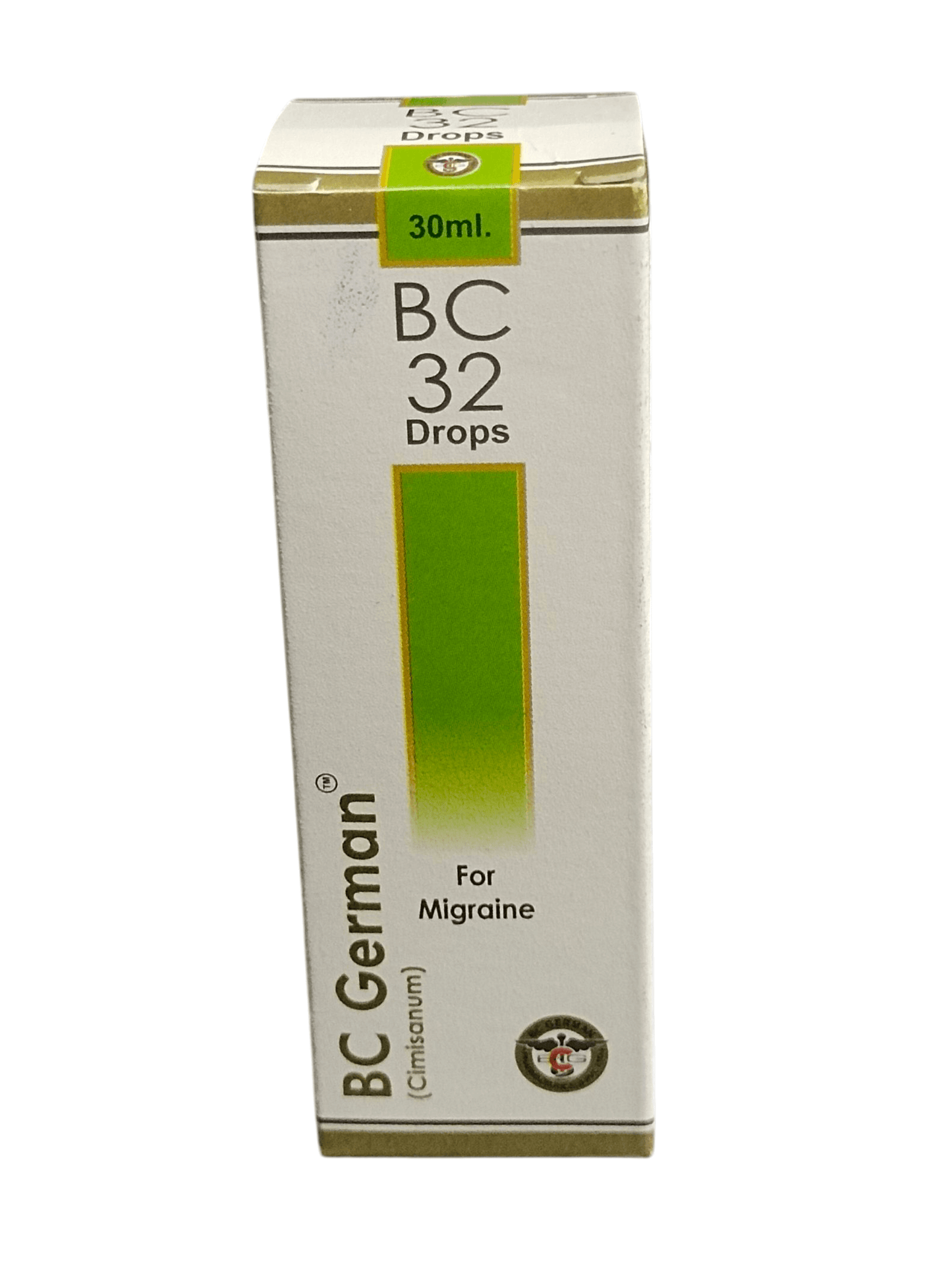 Box of BC 32 Drops for Migraine on a white background