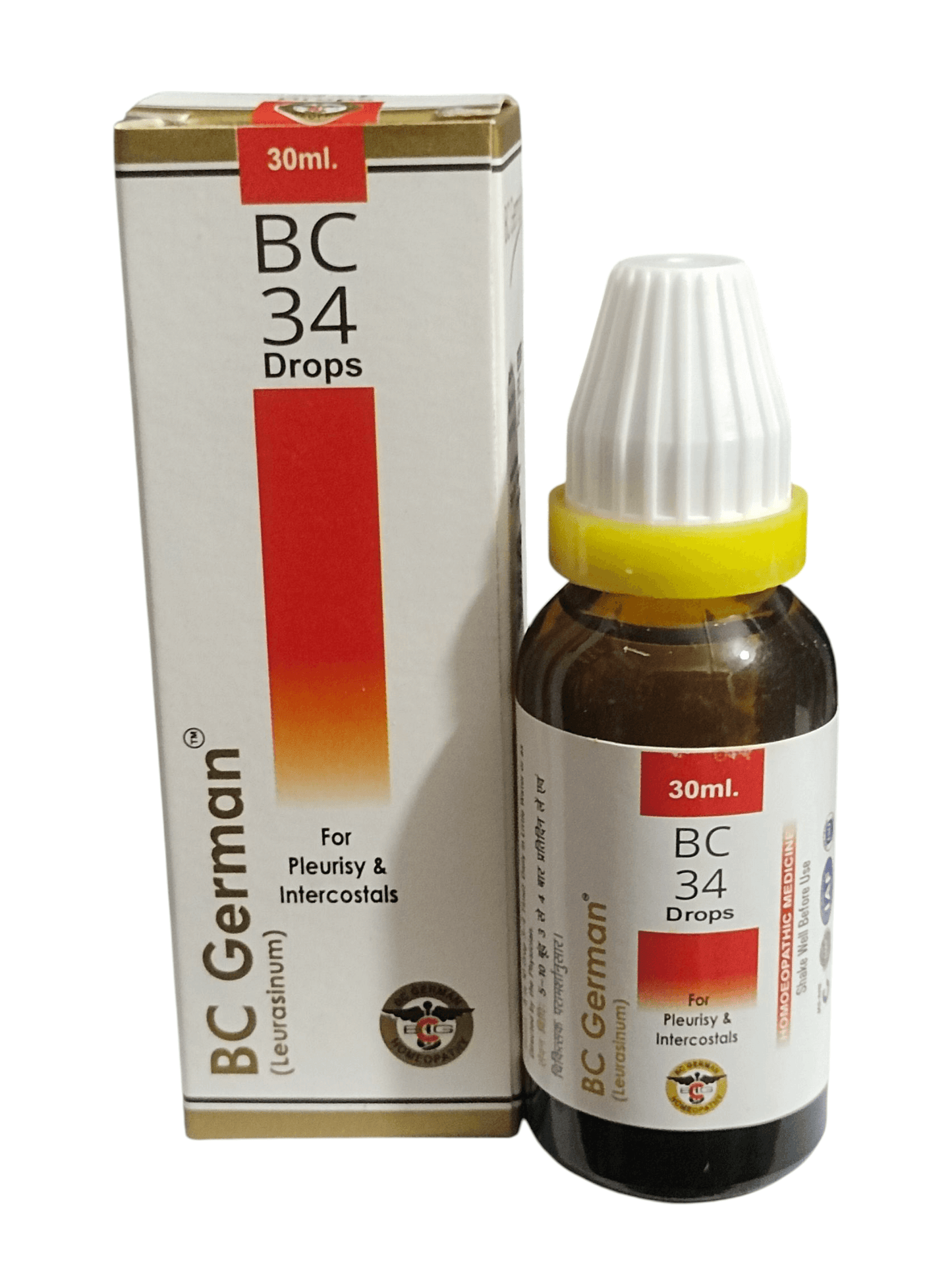 BC German BC 34 Drops packaging and bottle on a white background