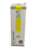 Box of BC 36 Drops with yellow and white design on a white background