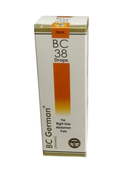 Box of BC 38 Drops for right side abdomen pain on a white background