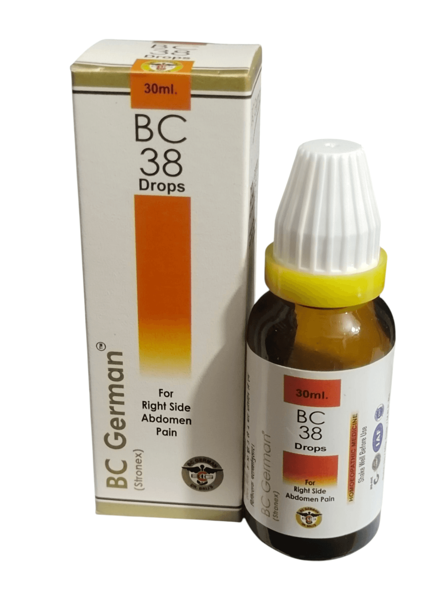 BC 38 Drops bottle and packaging on a white background