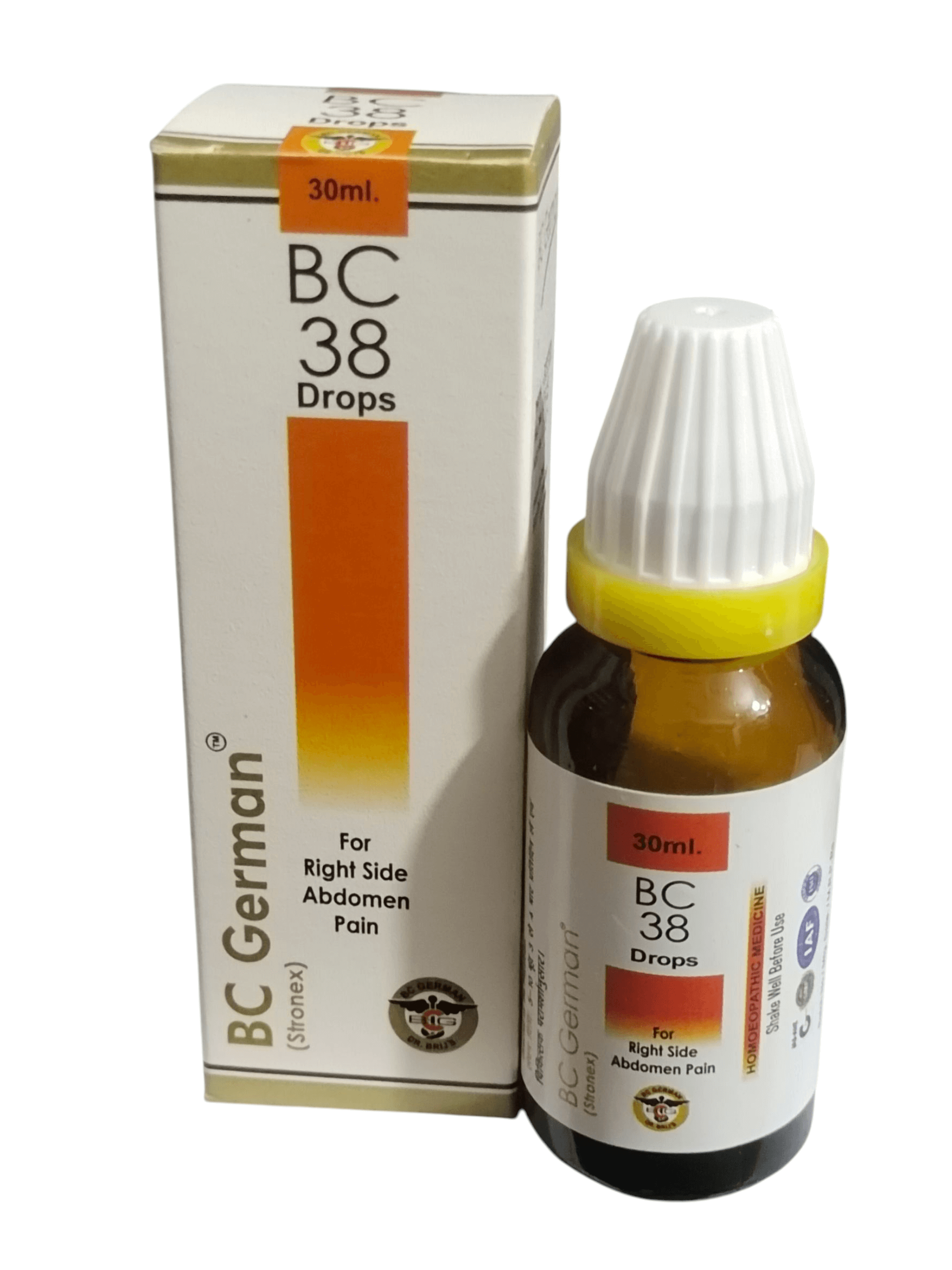 BC 38 Drops bottle and packaging on a white background