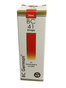 Box of BC 41 Drops with a red gradient on a white background