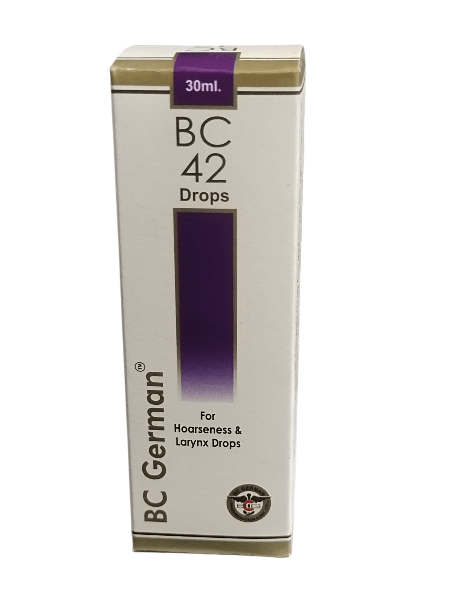 Box of BC German BC 42 Drops for hoarseness and larynx on a white background