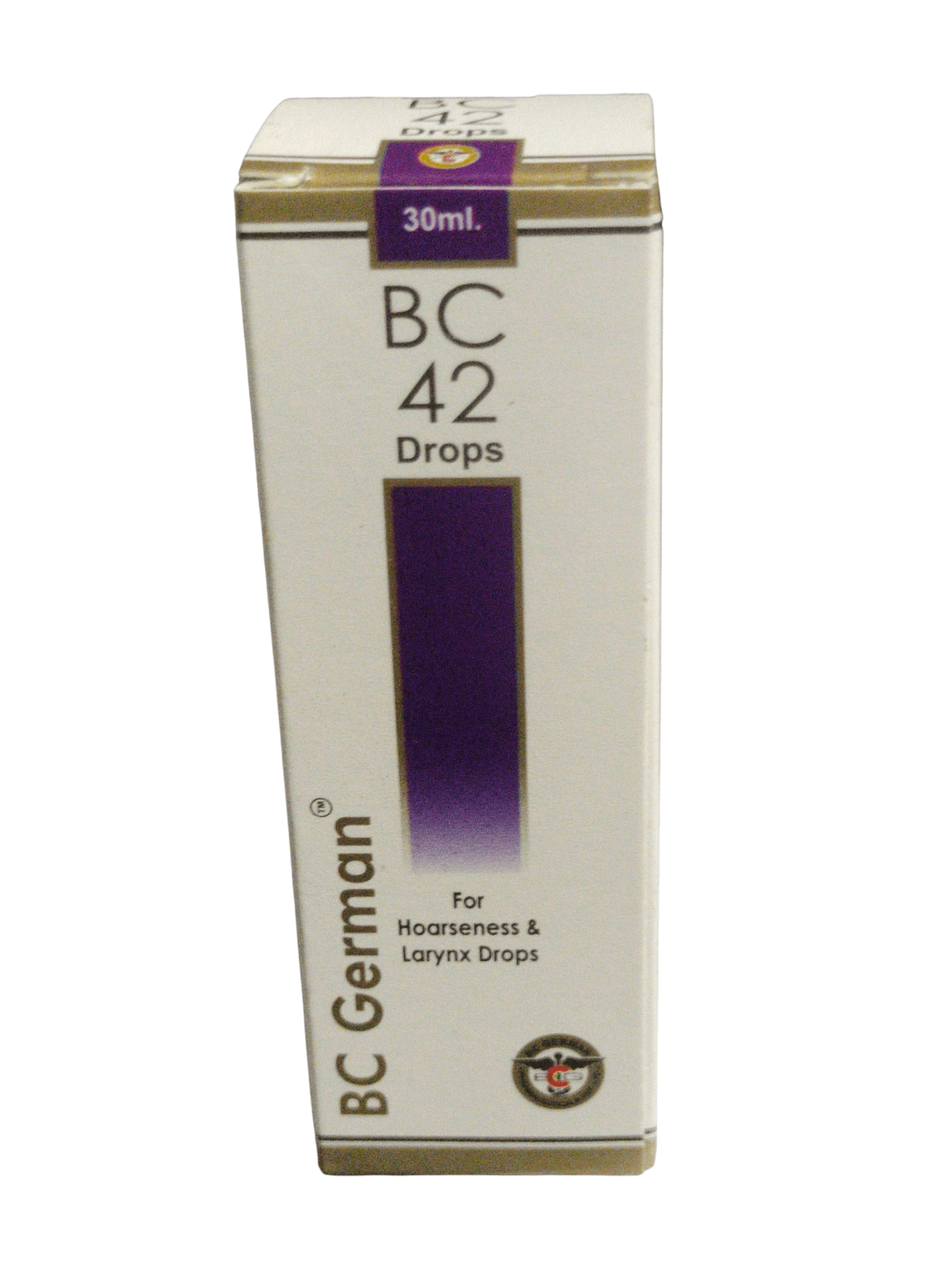 Box of BC 42 Drops for hoarseness and larynx on a white background