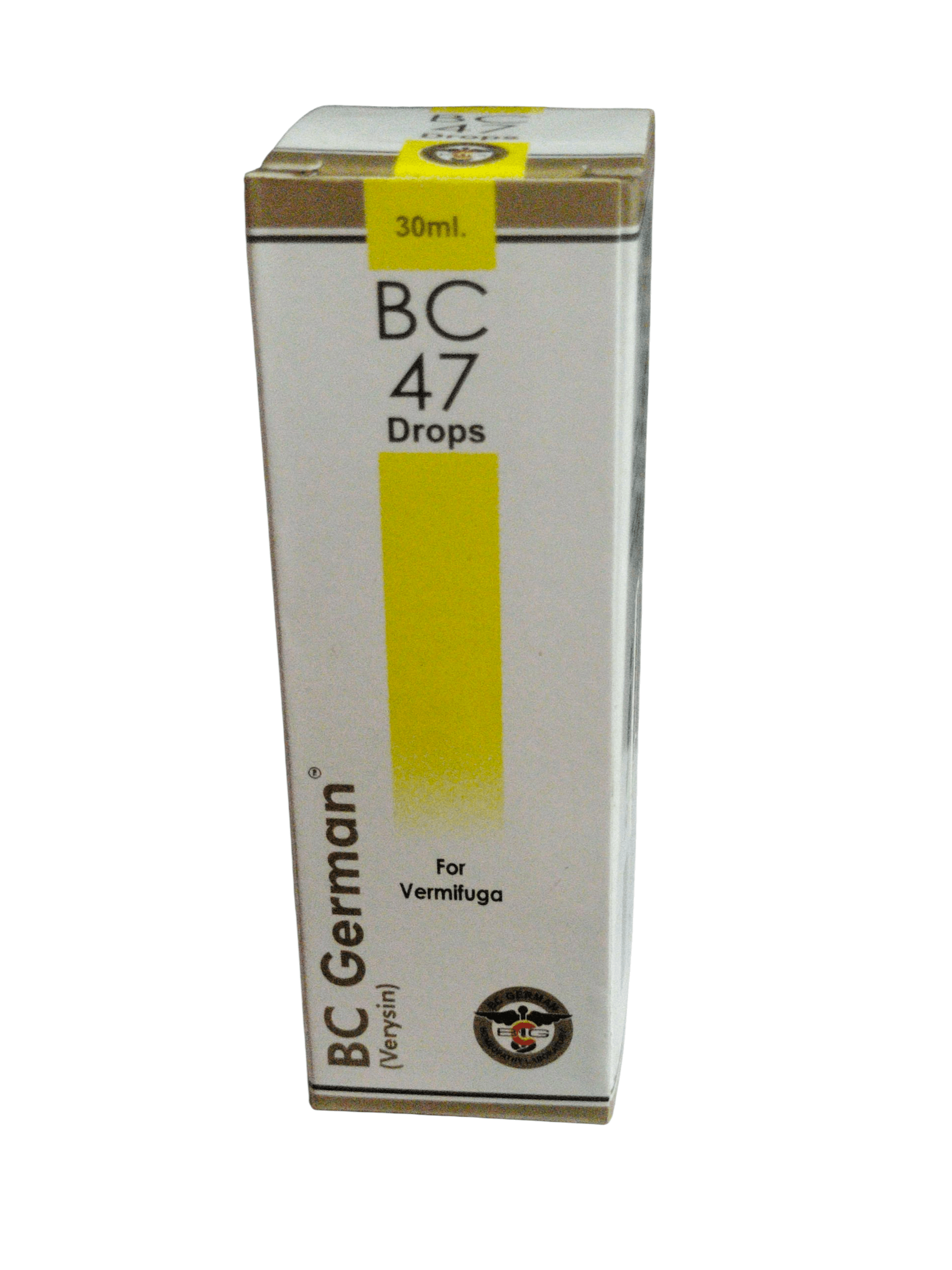 Box of BC German BC 47 Drops for Vermiluga on a white background