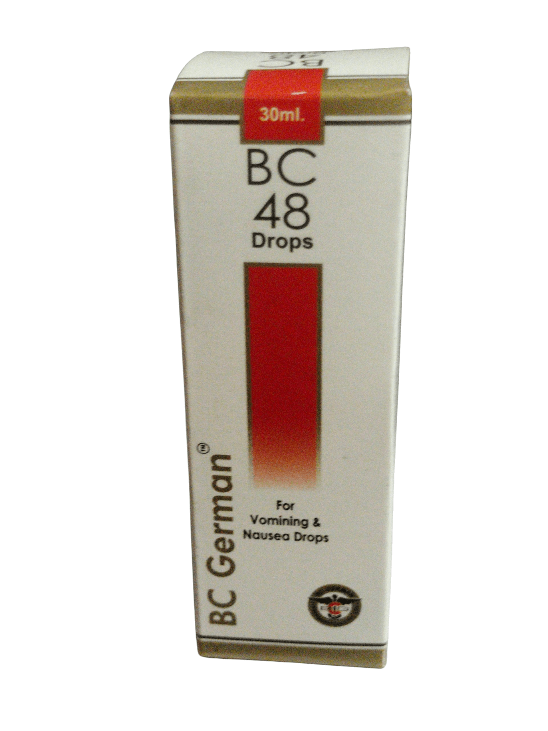 Box of BC German BC 48 Drops for vomiting and nausea on a white background