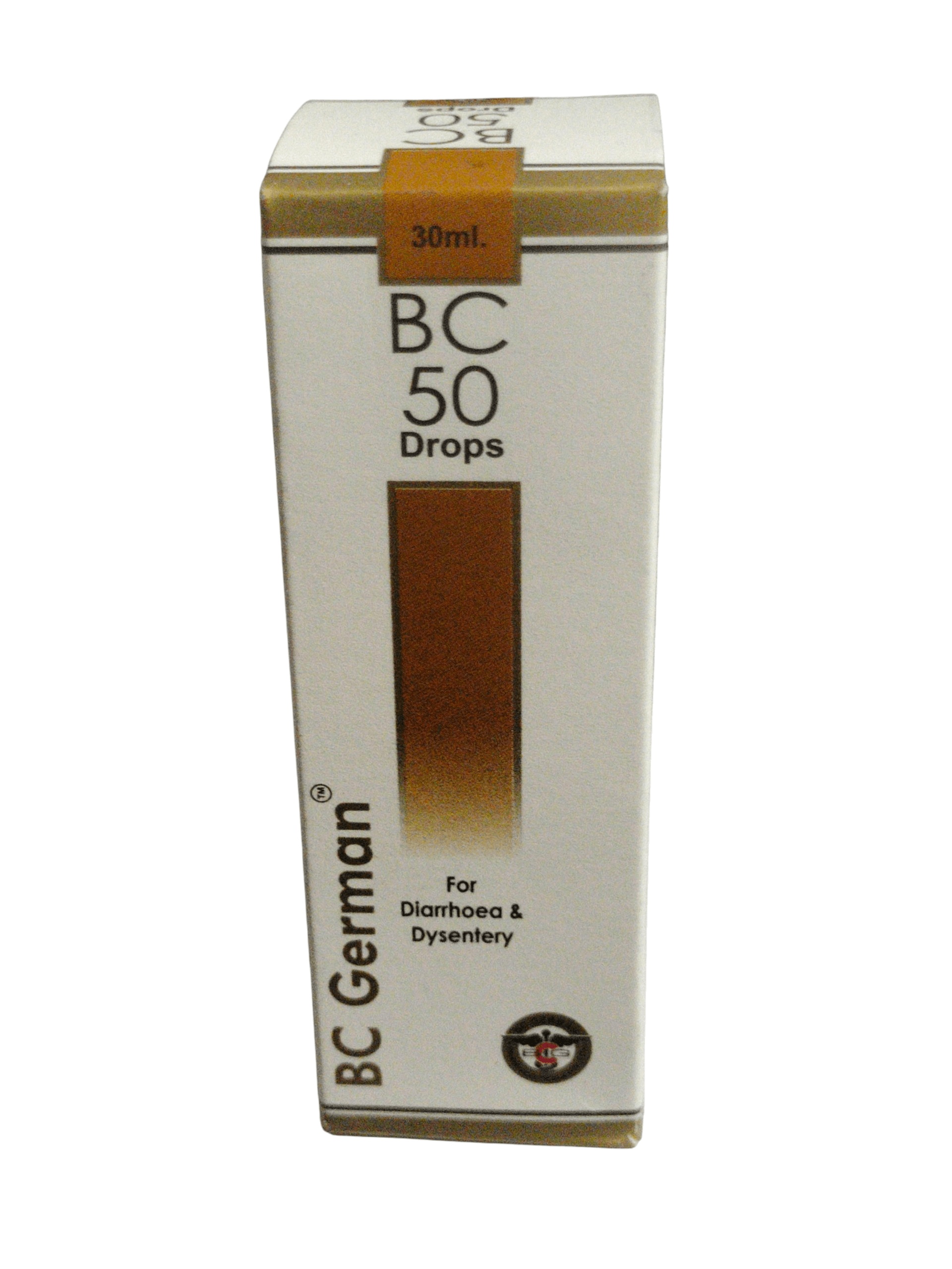 Box of BC 50 Drops for Diarrhea & Dysentery with BC German branding on a white background
