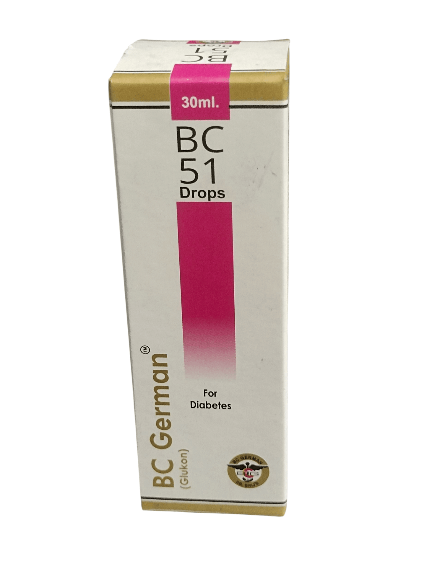 Box of BC 51 Drops for Diabetes with gold and pink accents on a white background