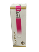 Box of BC 51 Drops for Diabetes with gold and pink accents on a white background
