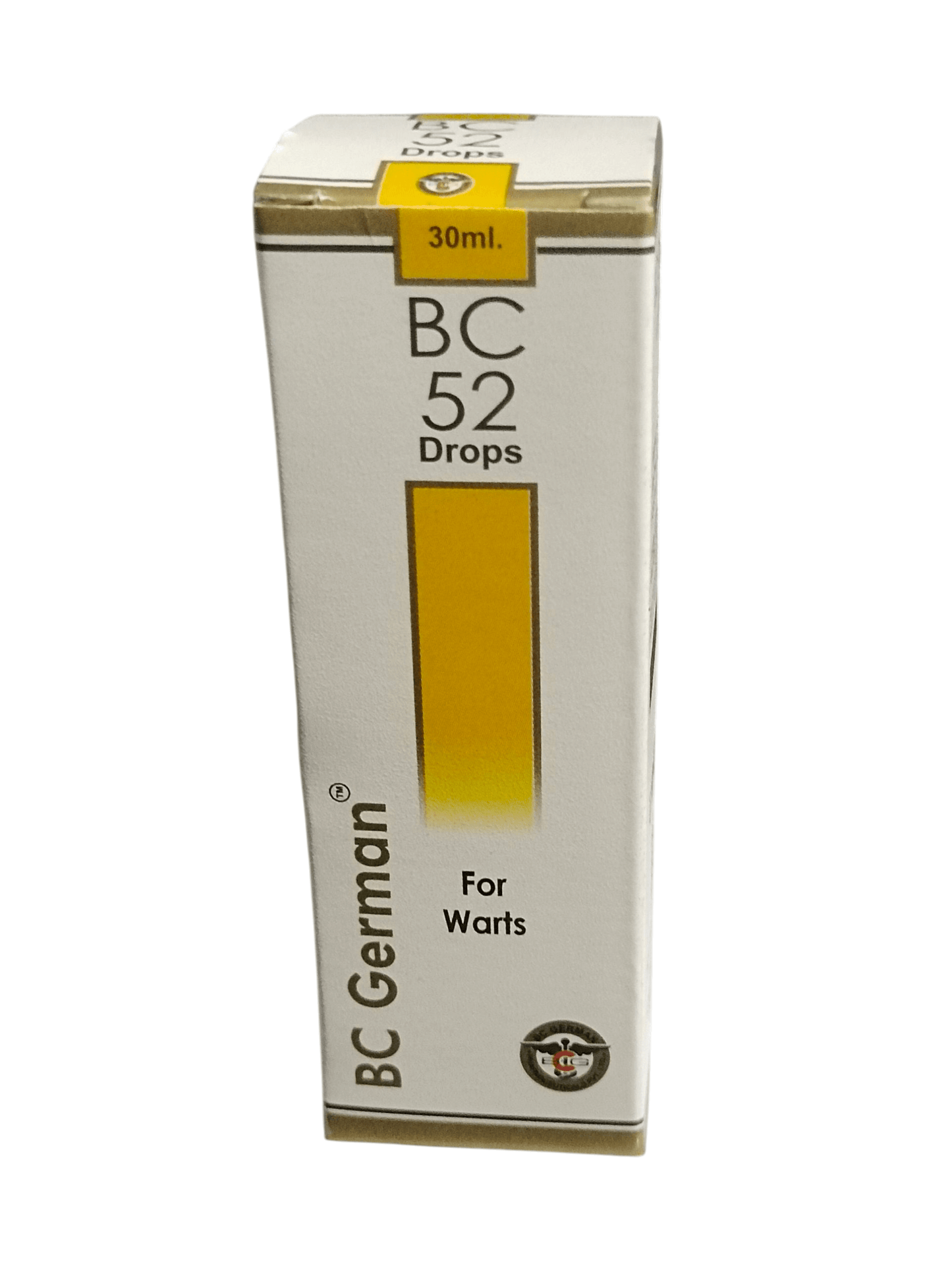 Box of BC German BC 52 Drops for warts on a white background