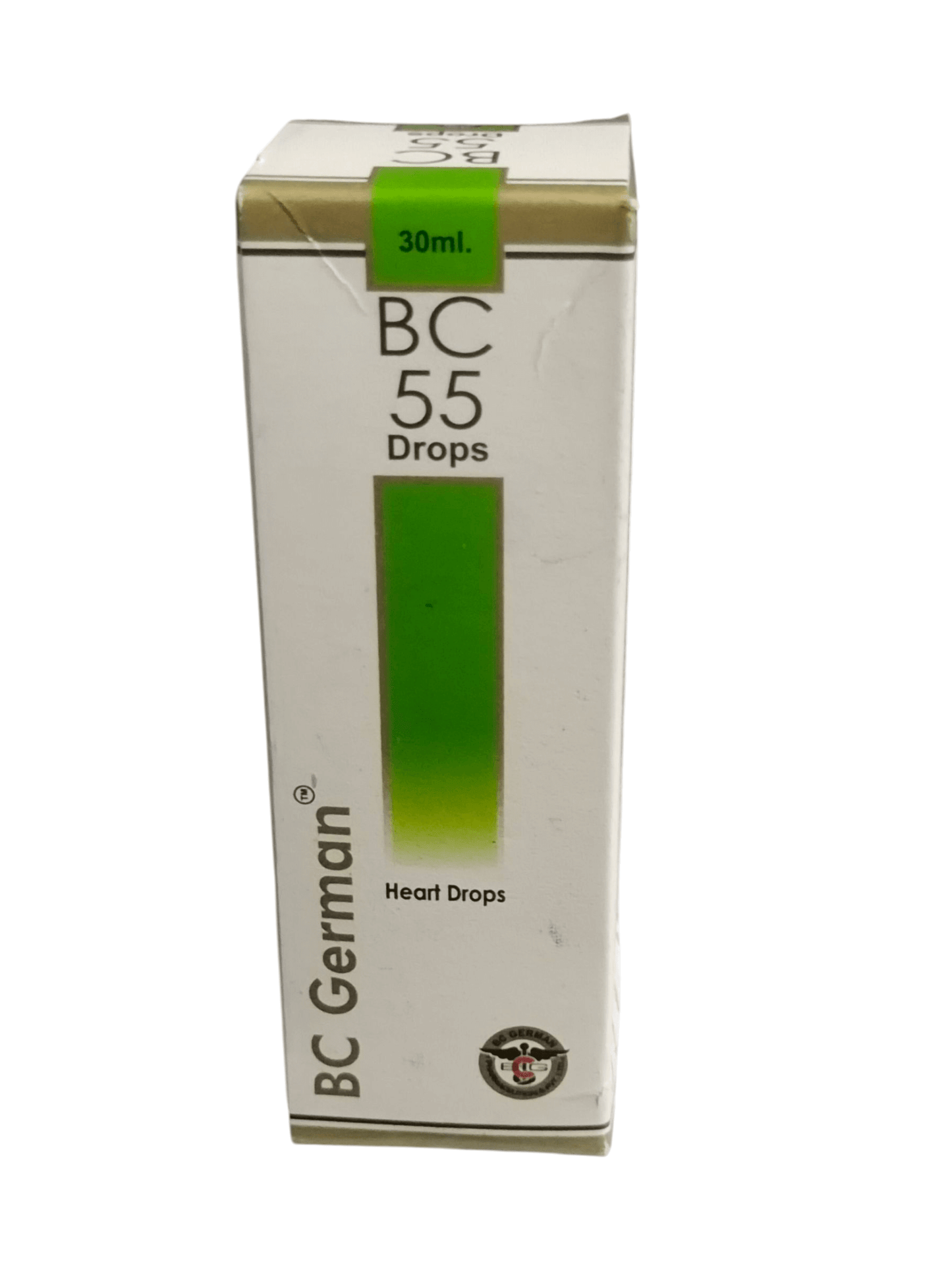 Box of BC 55 Drops with green label on a white background