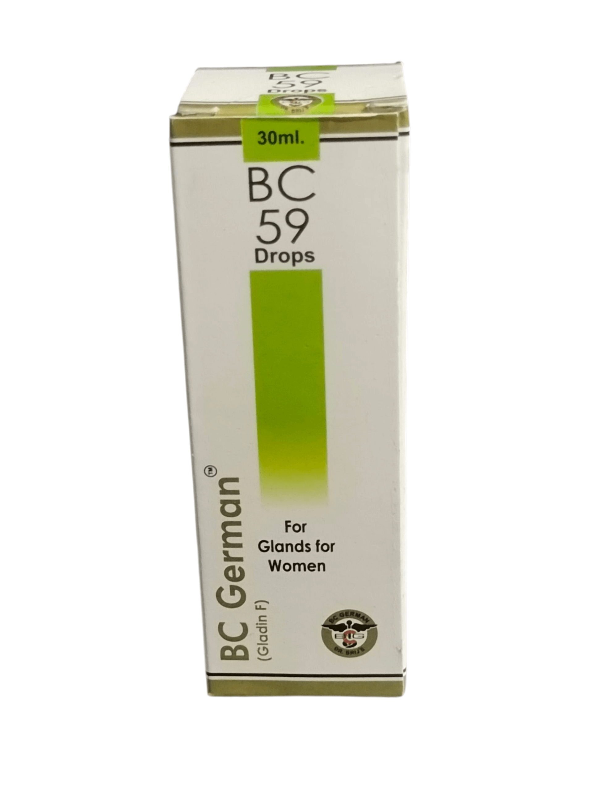 Box of BC 59 Drops for Glands, specifically for women, by BC German on a white background.