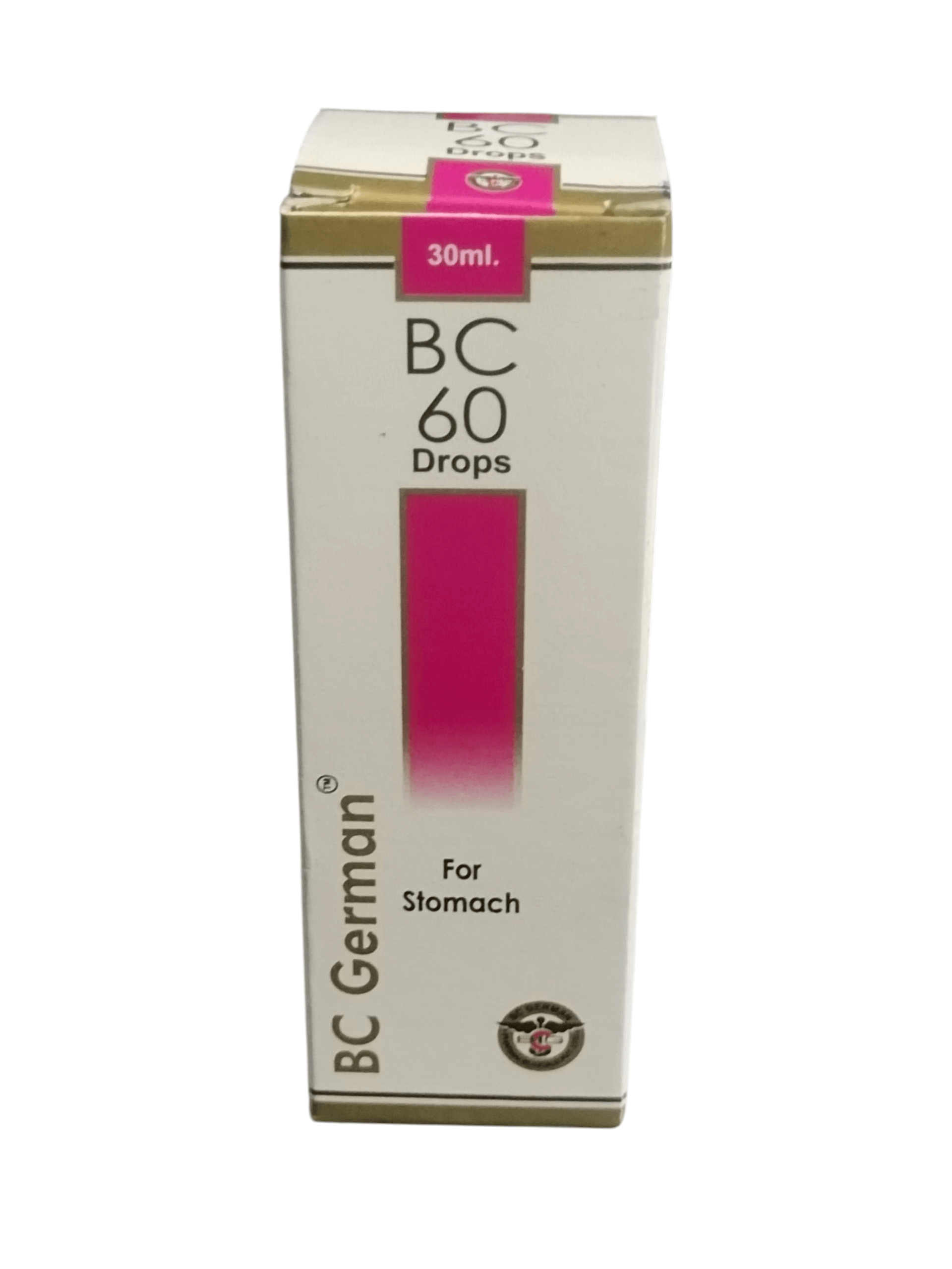 Box of BC 60 Drops for Stomach with pink label on a white background