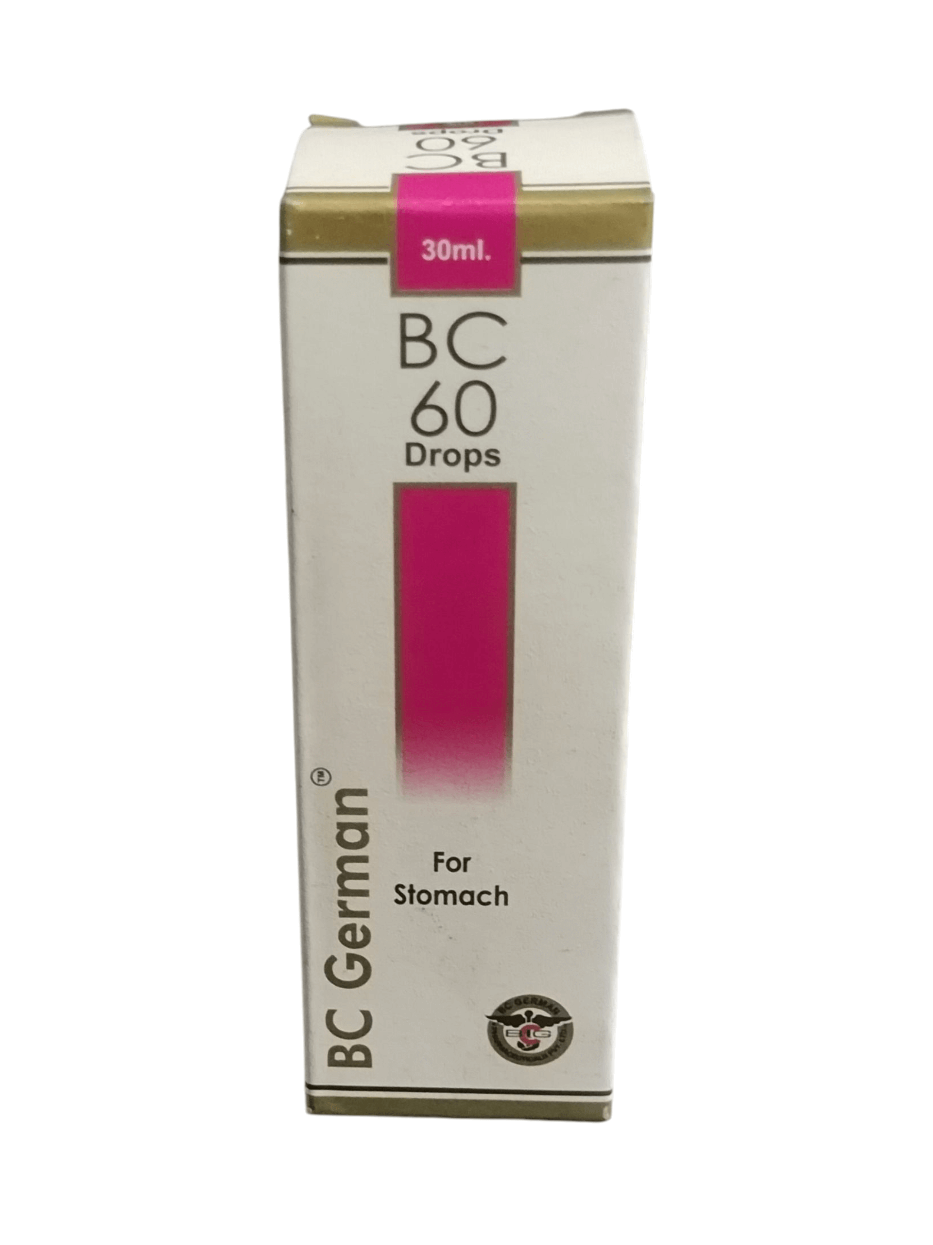 Box of BC 60 Drops for Stomach on a white background