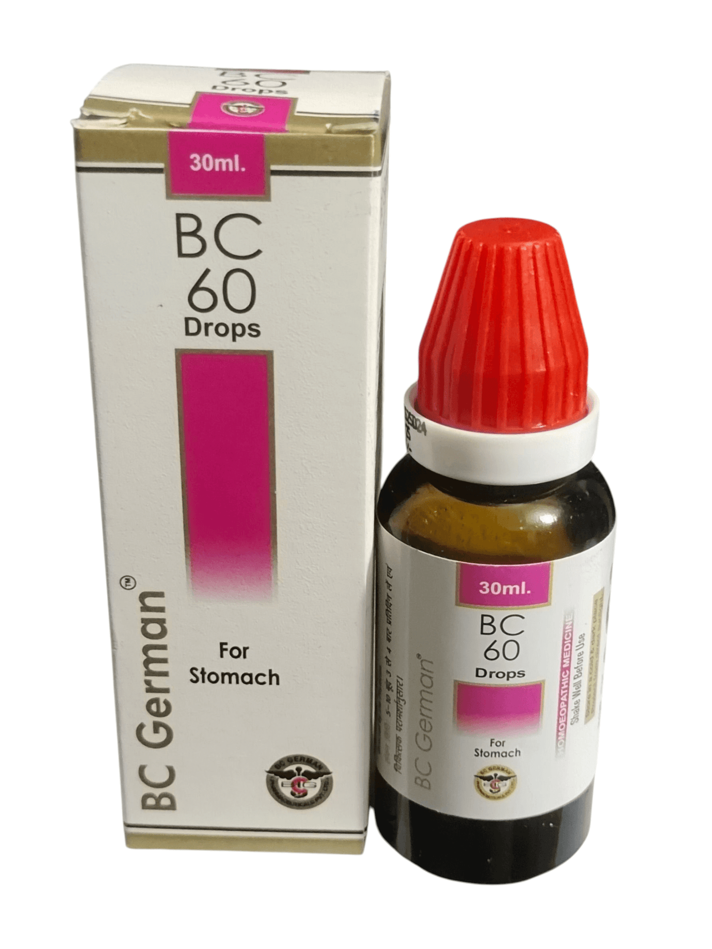 BC 60 Drops bottle and packaging on a white background
