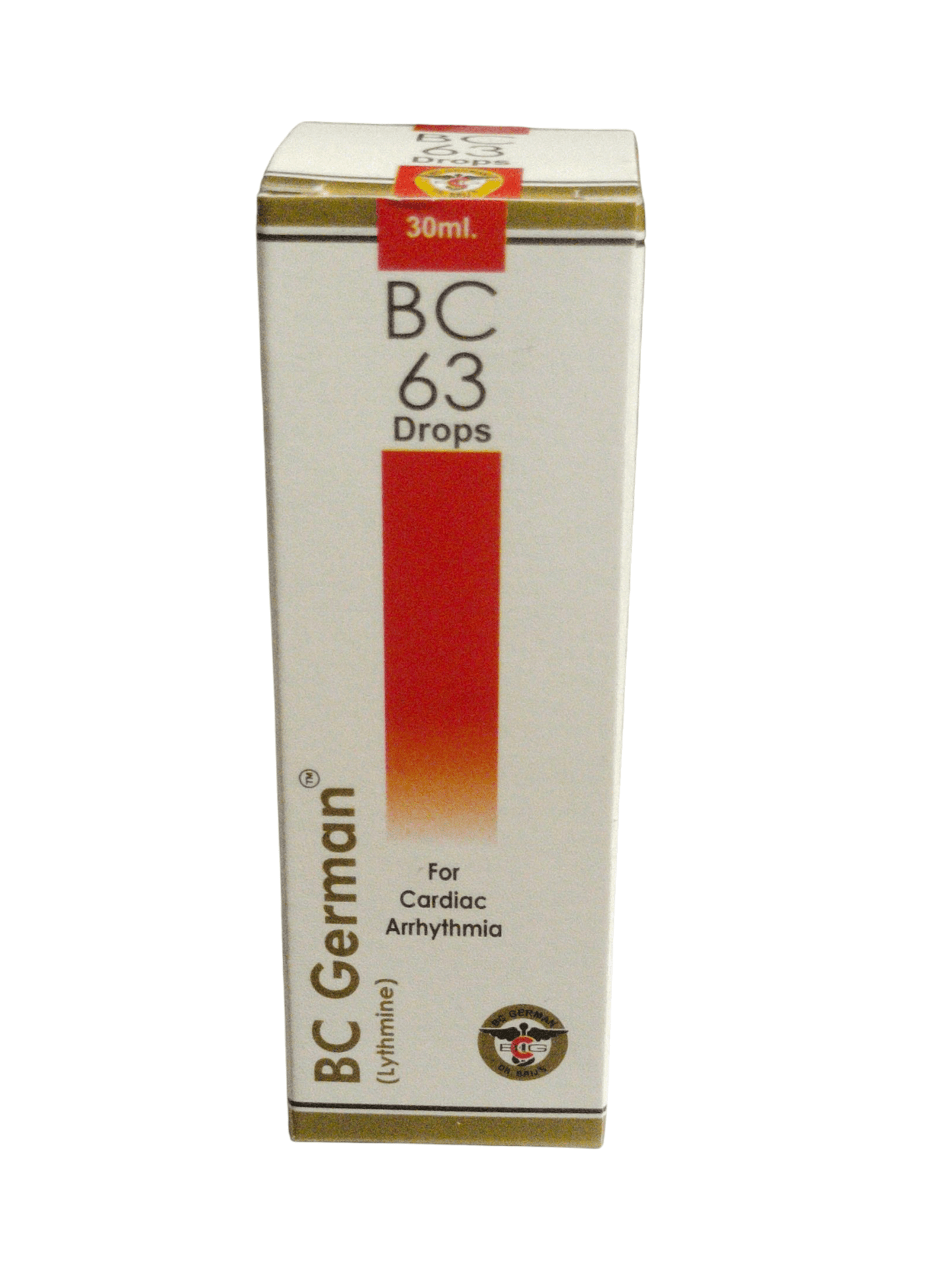Box of BC German BC 63 Drops for Cardiac Arrhythmia on a white background