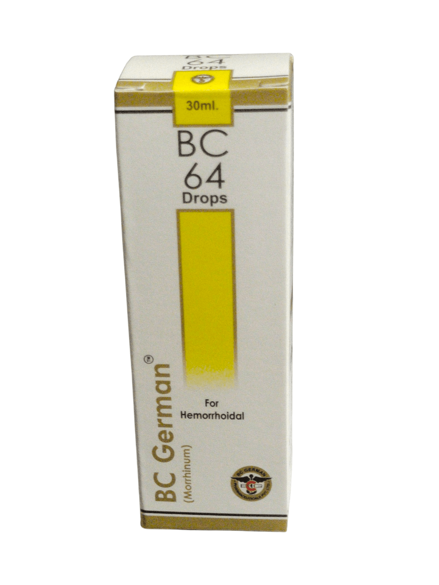 Box of BC German BC 64 Drops for hemorrhoidal treatment on a white background