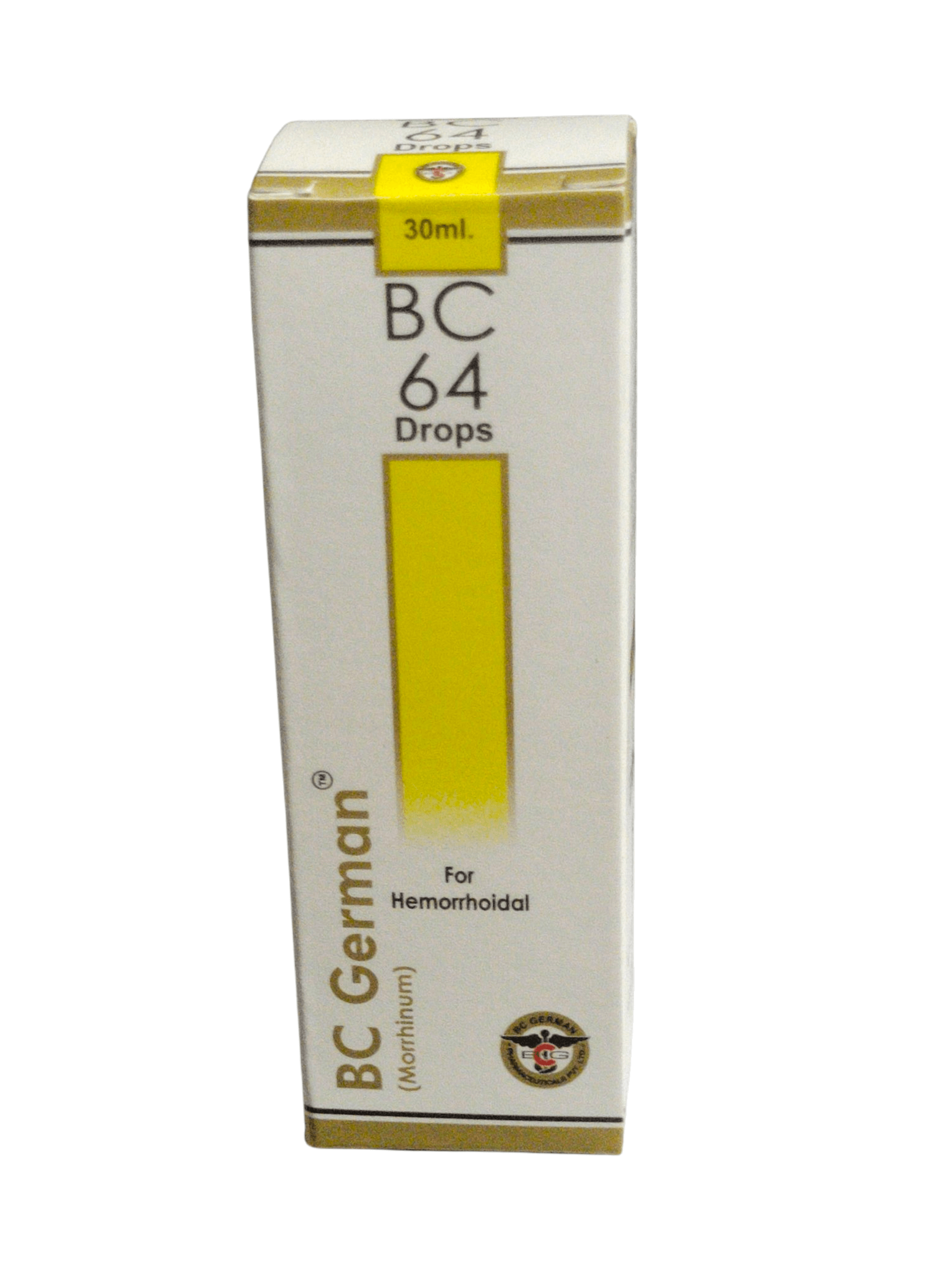Box of BC German BC 64 Drops for hemorrhoidal treatment on a white background