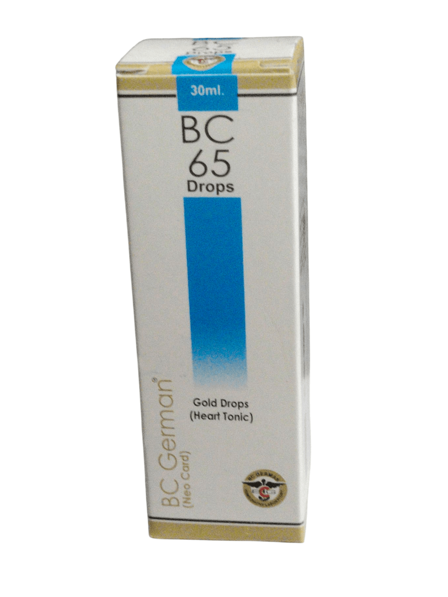 Box of BC 65 Drops with blue and gold design on a white background