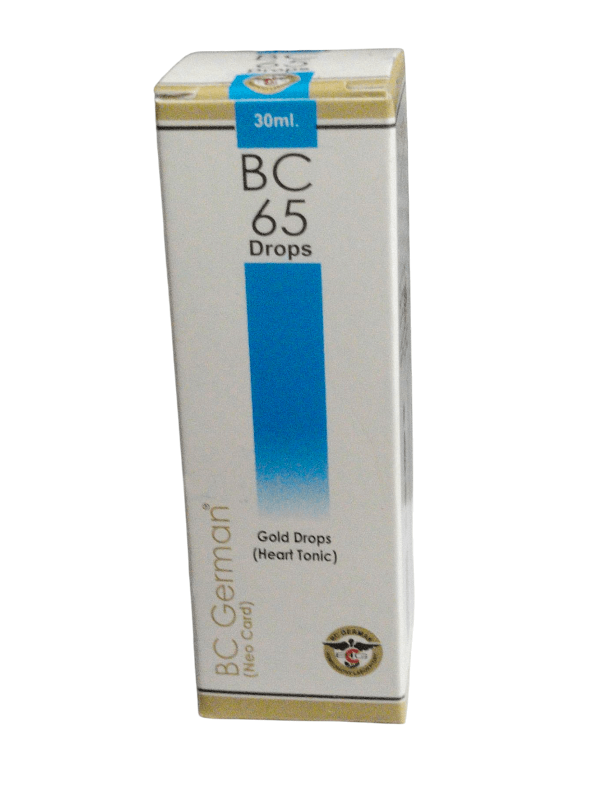 Box of BC 65 Drops with blue and gold design on a white background