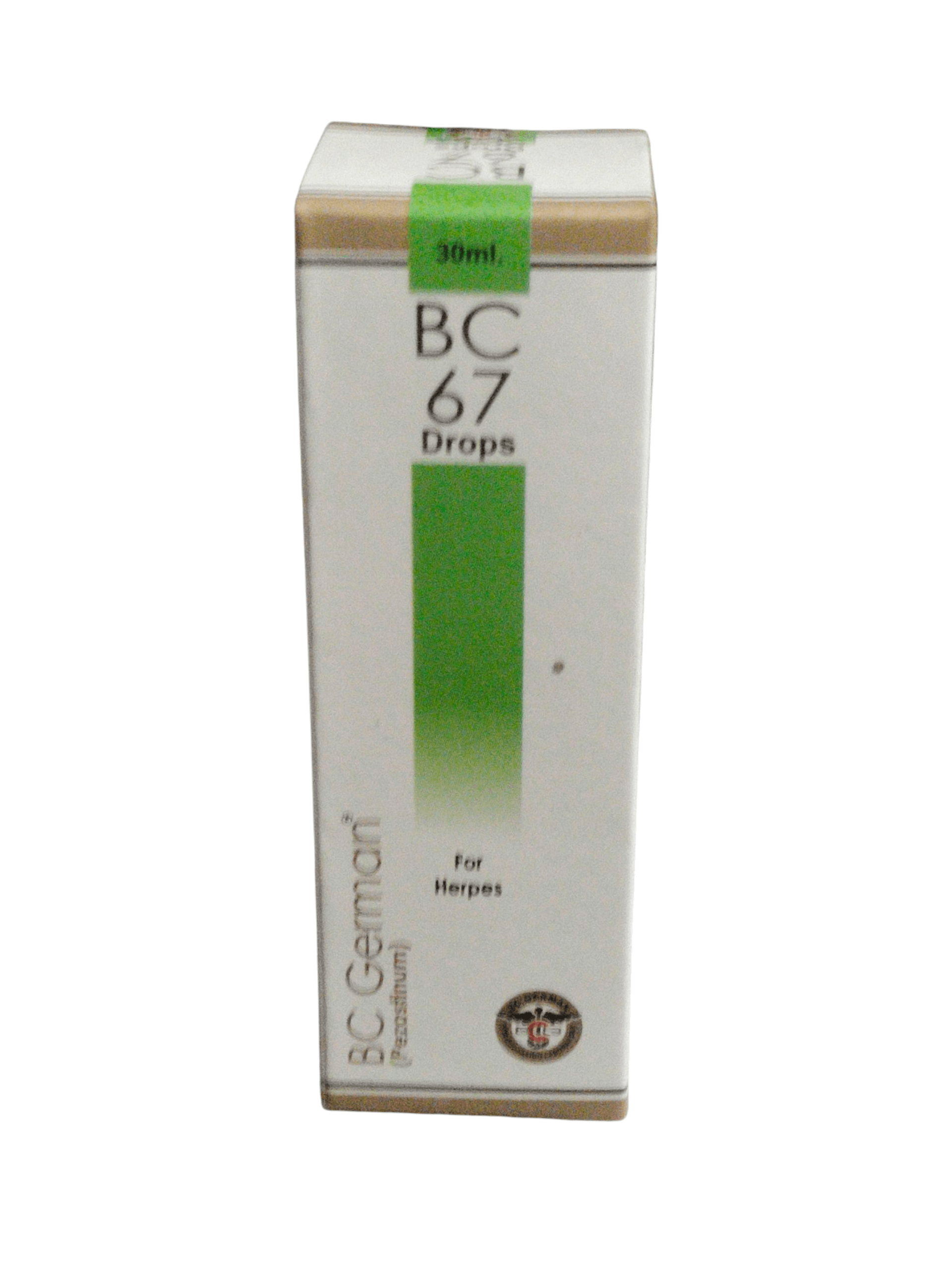 Box of BC 67 Drops for Herpes on a white background