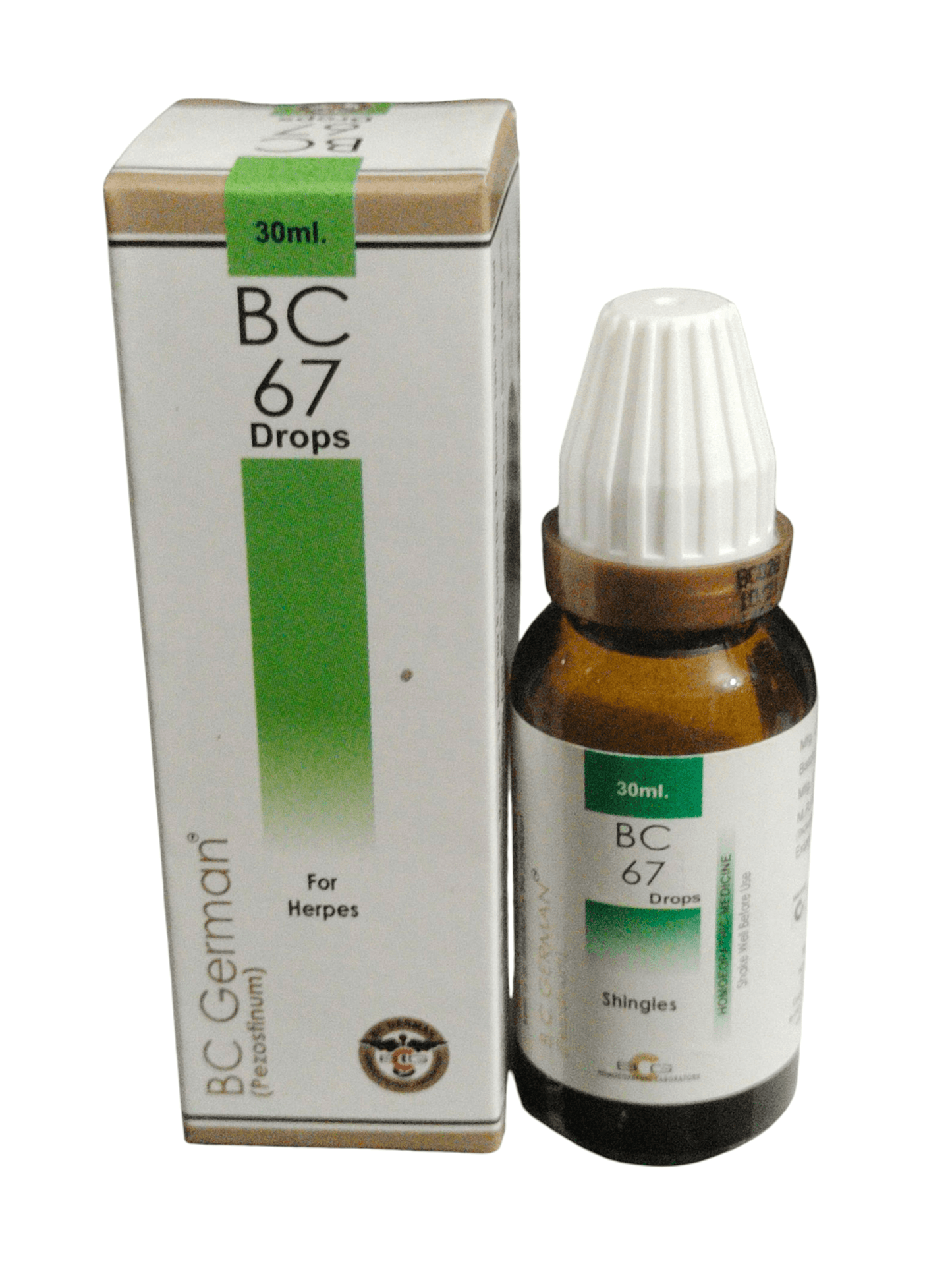 BC 67 Drops bottle and packaging on a white background
