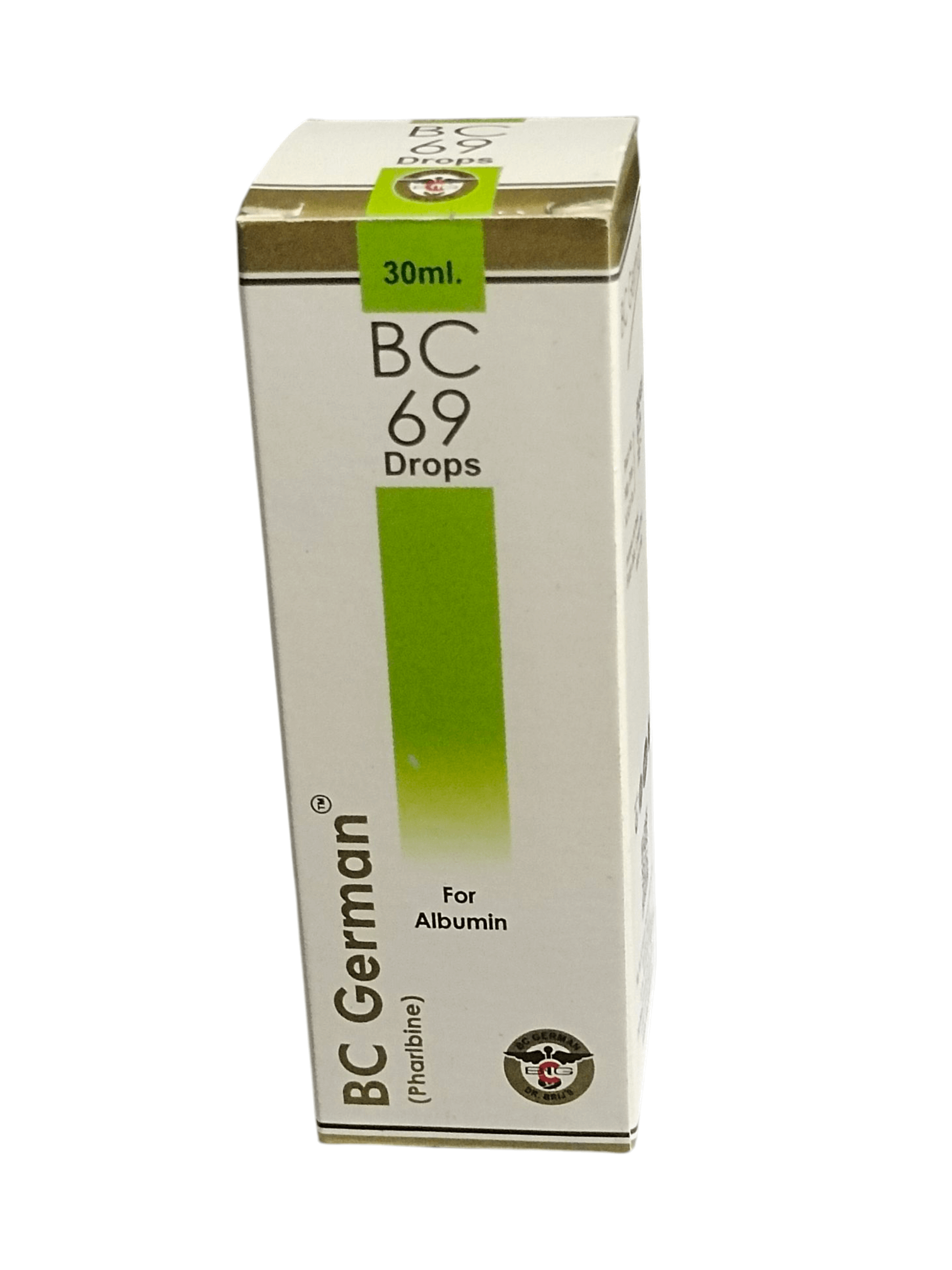 Box of BC 69 Drops for Albumin with green and white design on a white background