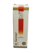 Box of BC 70 Drops for Amenorrhea with gradient design on a white background