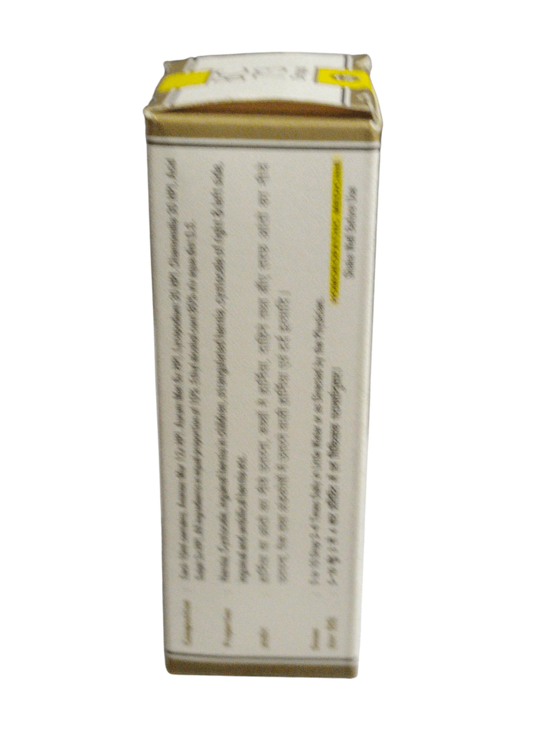 Box with text and a yellow label on a white background