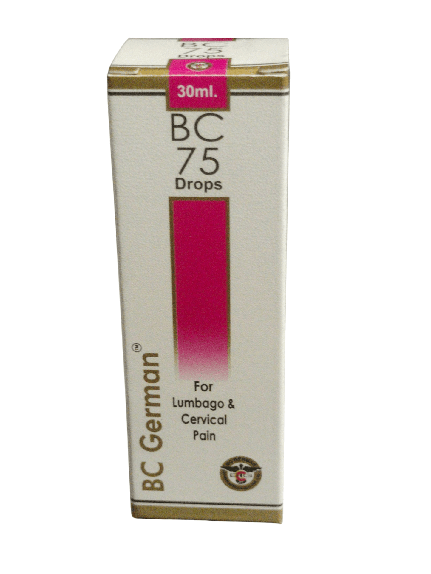 Box of BC German BC 75 Drops for lumbago and cervical pain on a white background