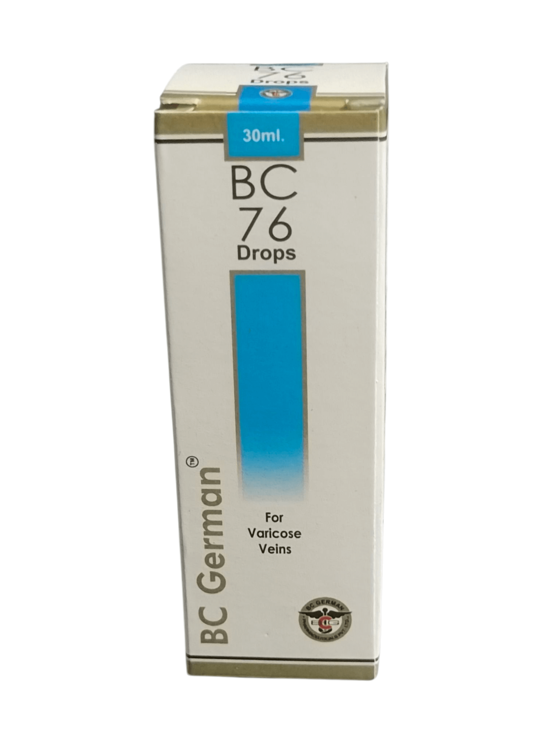 Box of BC German BC 76 Drops for varicose veins on a white background