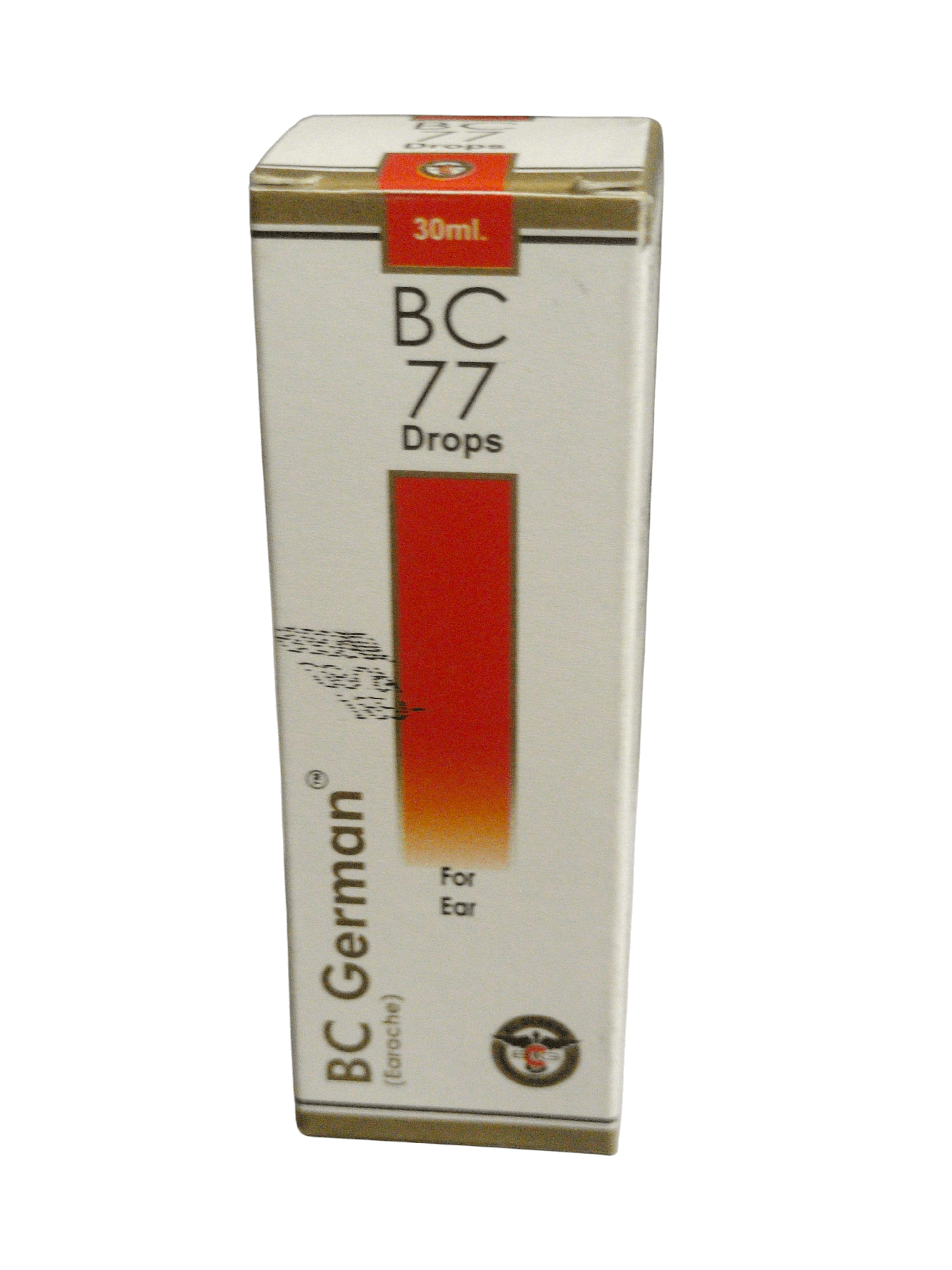 Box of BC 77 Drops for ear, featuring a gradient label and branding elements.