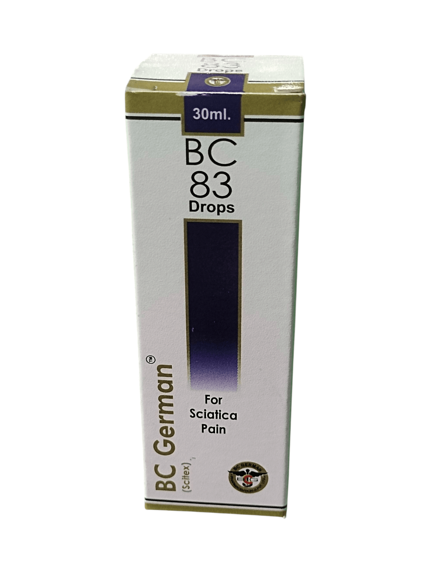 Box of BC German BC 83 Drops for Sciatica Pain on a white background
