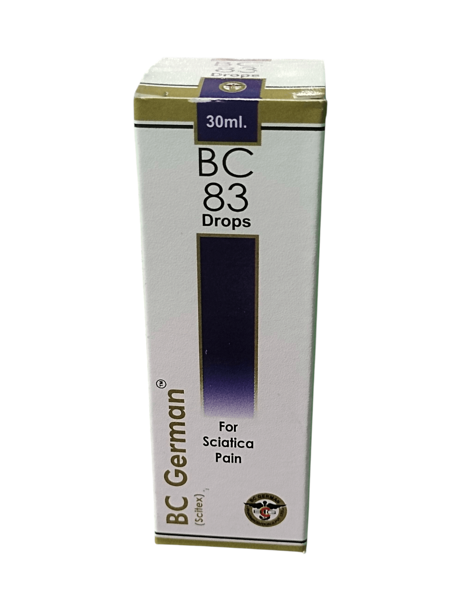 Box of BC German BC 83 Drops for Sciatica Pain on a white background