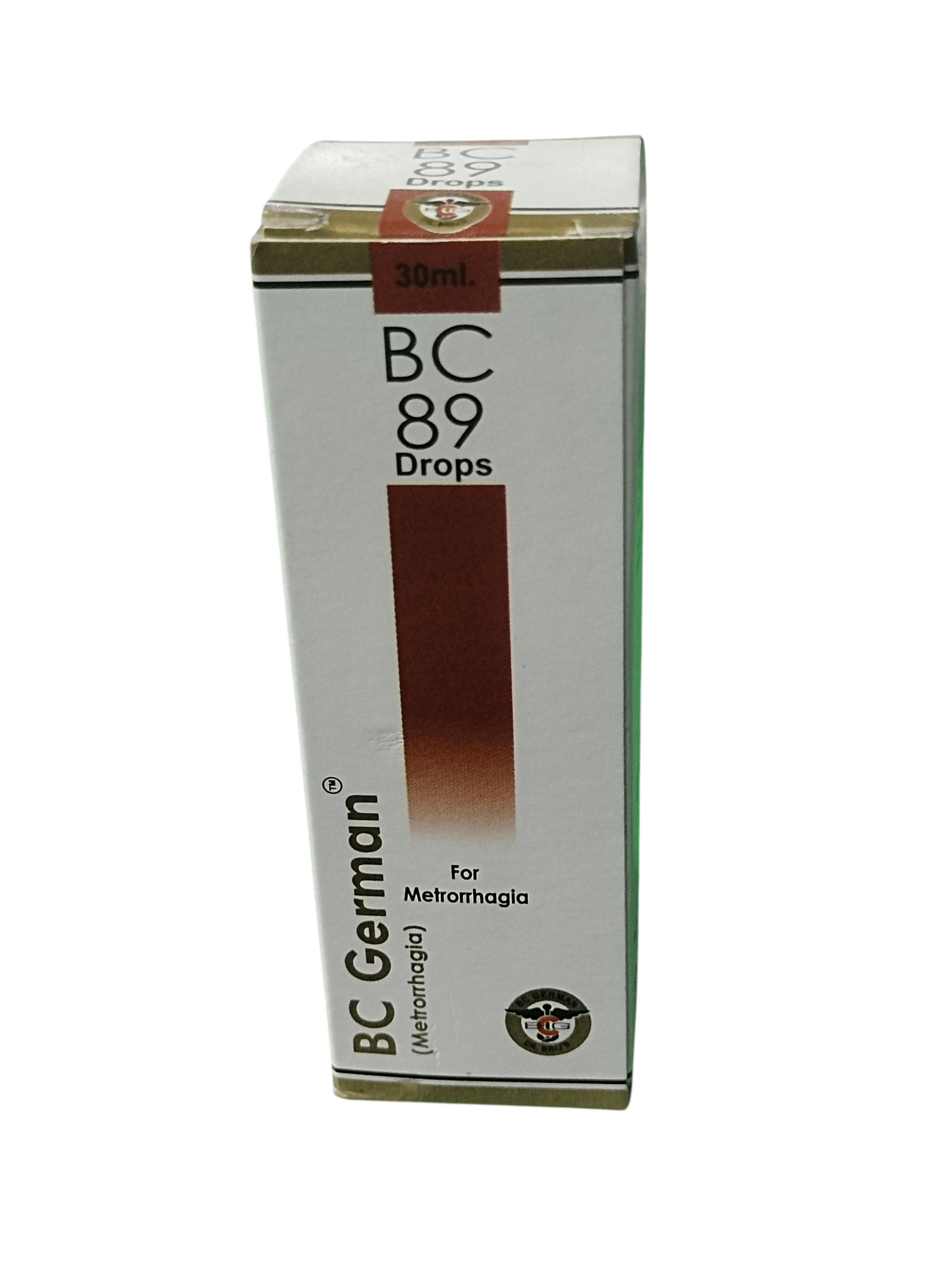 BC GERMAN 89 METRORRHAGIA DROPS HPMEOPATHIC MEDICINE 30ML bottle packaging for abnormal uterine bleeding remedy.