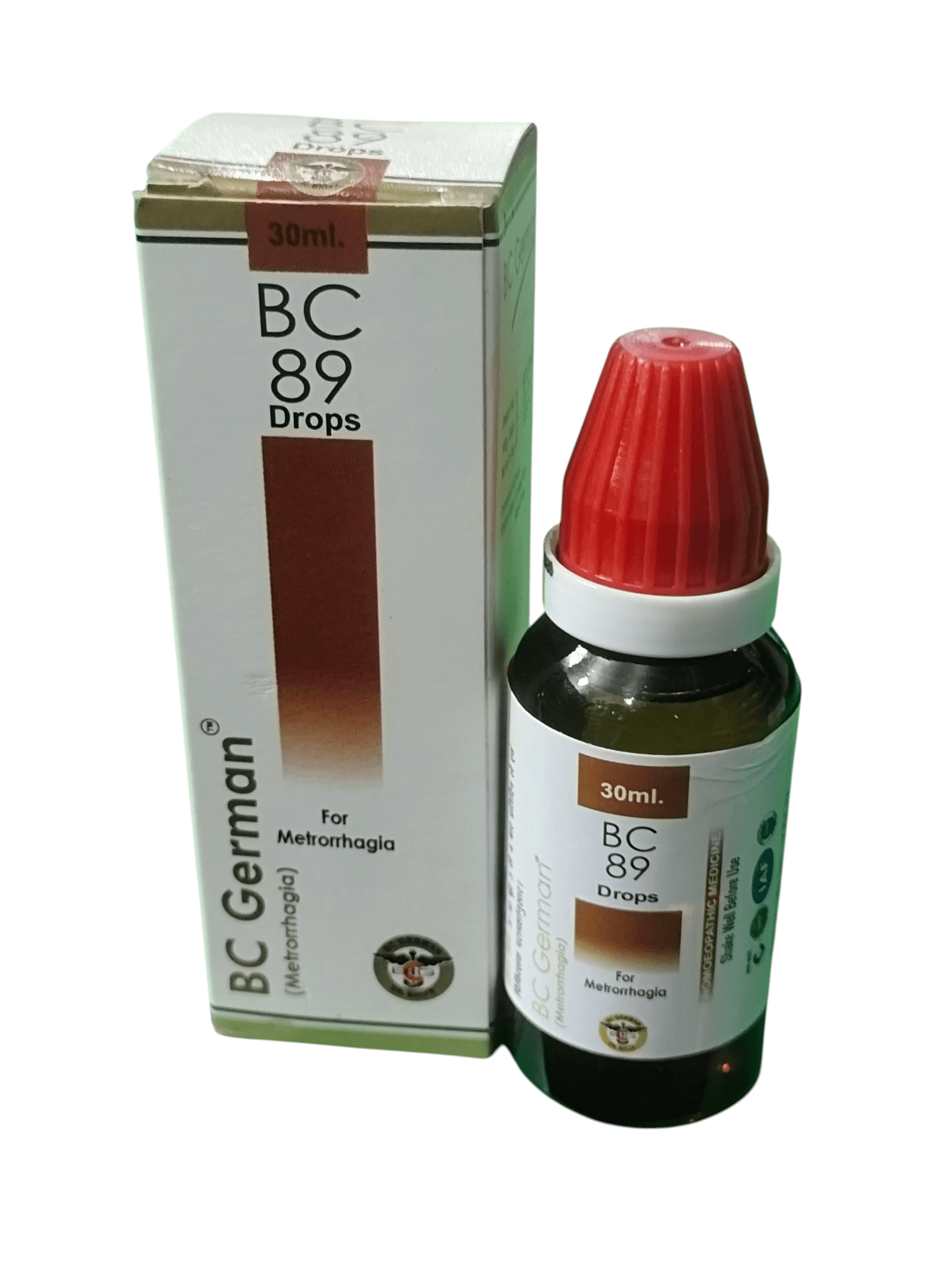 BC GERMAN 89 METRORRHAGIA DROPS HPMEOPATHIC MEDICINE 30ML in a bottle with packaging, designed for managing abnormal uterine bleeding.