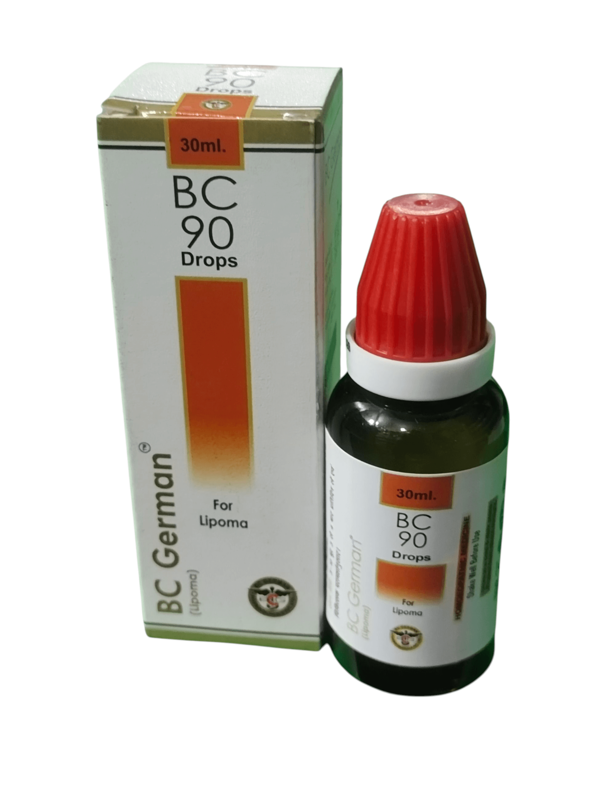 BC GERMAN 90 LIPOMA DROPS HOMEOPATHIC MEDICINE 30ML bottle and box.
