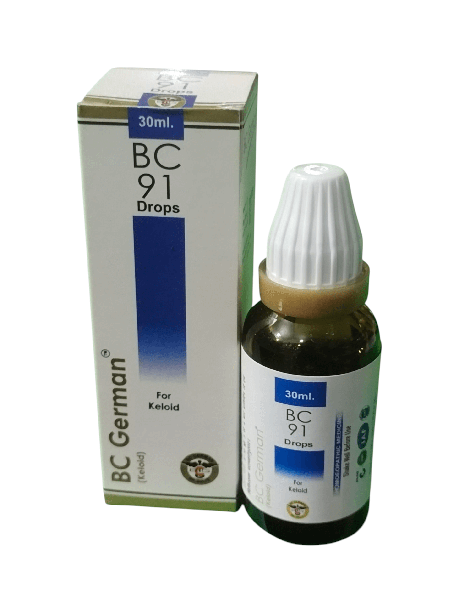 BC GERMAN 91 KELOID DROPS HOMEOPATHIC MEDICINE 30ML bottle and packaging