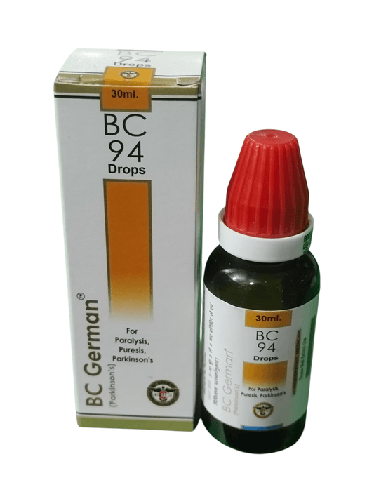 BC GERMAN 94 PARALYSIS,PURESIS, PARKINSON'S DROPS HOMEOPATHIC MEDICINE 30ML with packaging and dropper bottle.